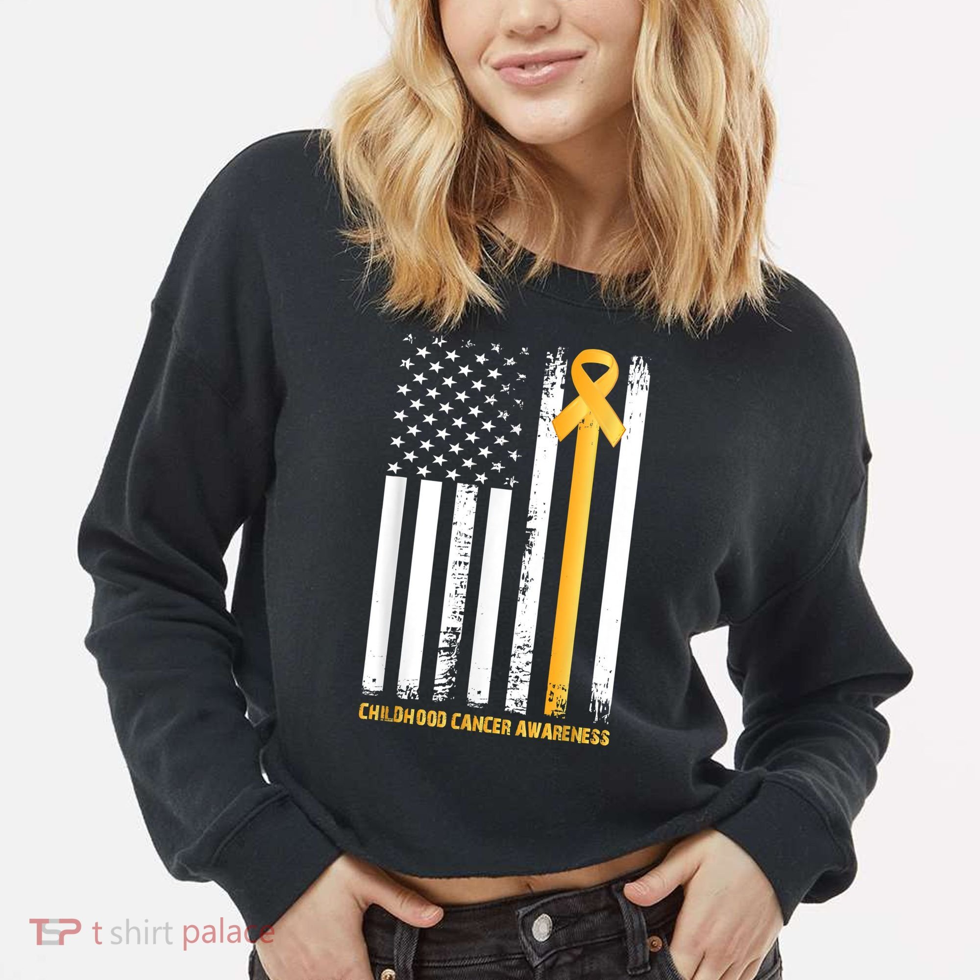 Ribbon In A Flag, Childhood Cancer Awareness Cropped Pullover Crew