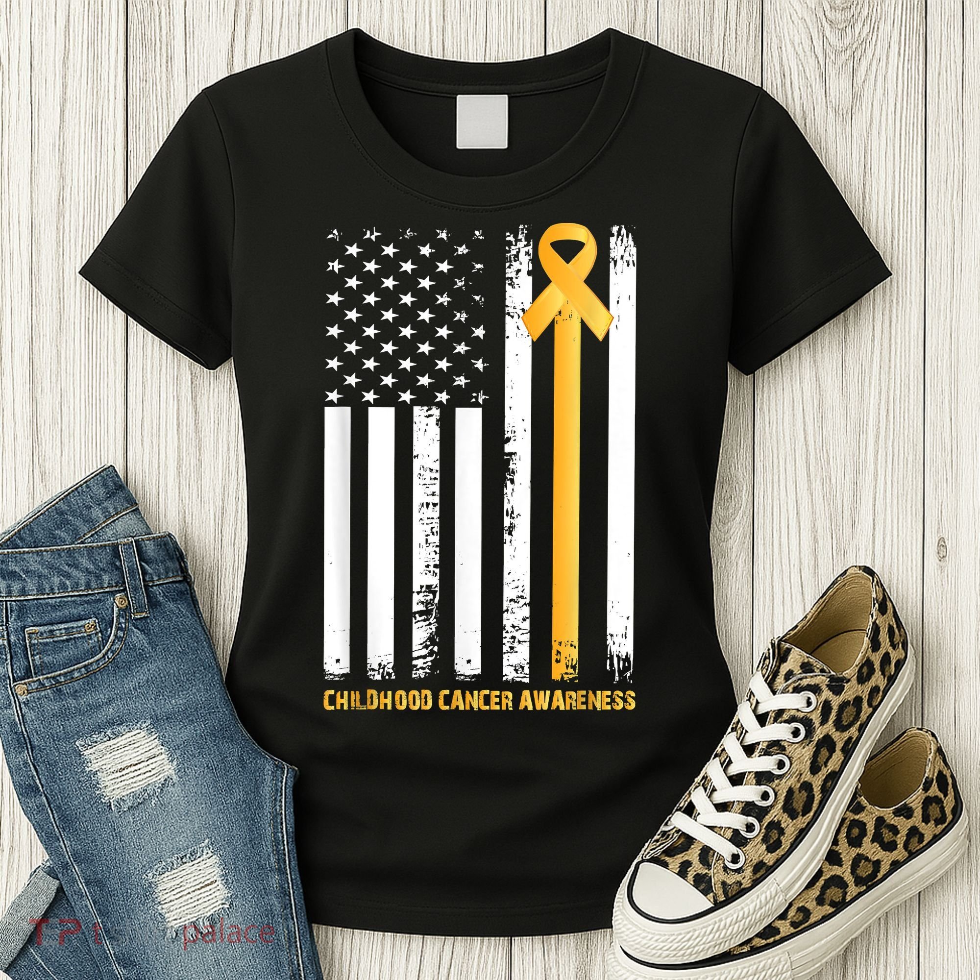 Ribbon In A Flag, Childhood Cancer Awareness Women's T-Shirt