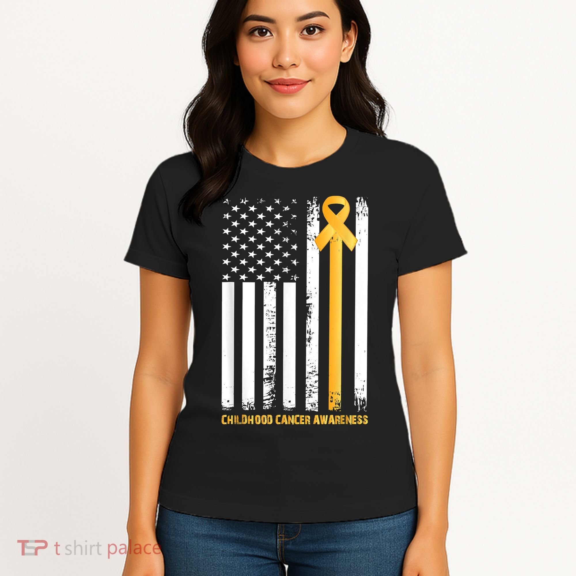 Ribbon In A Flag, Childhood Cancer Awareness Women's T-Shirt