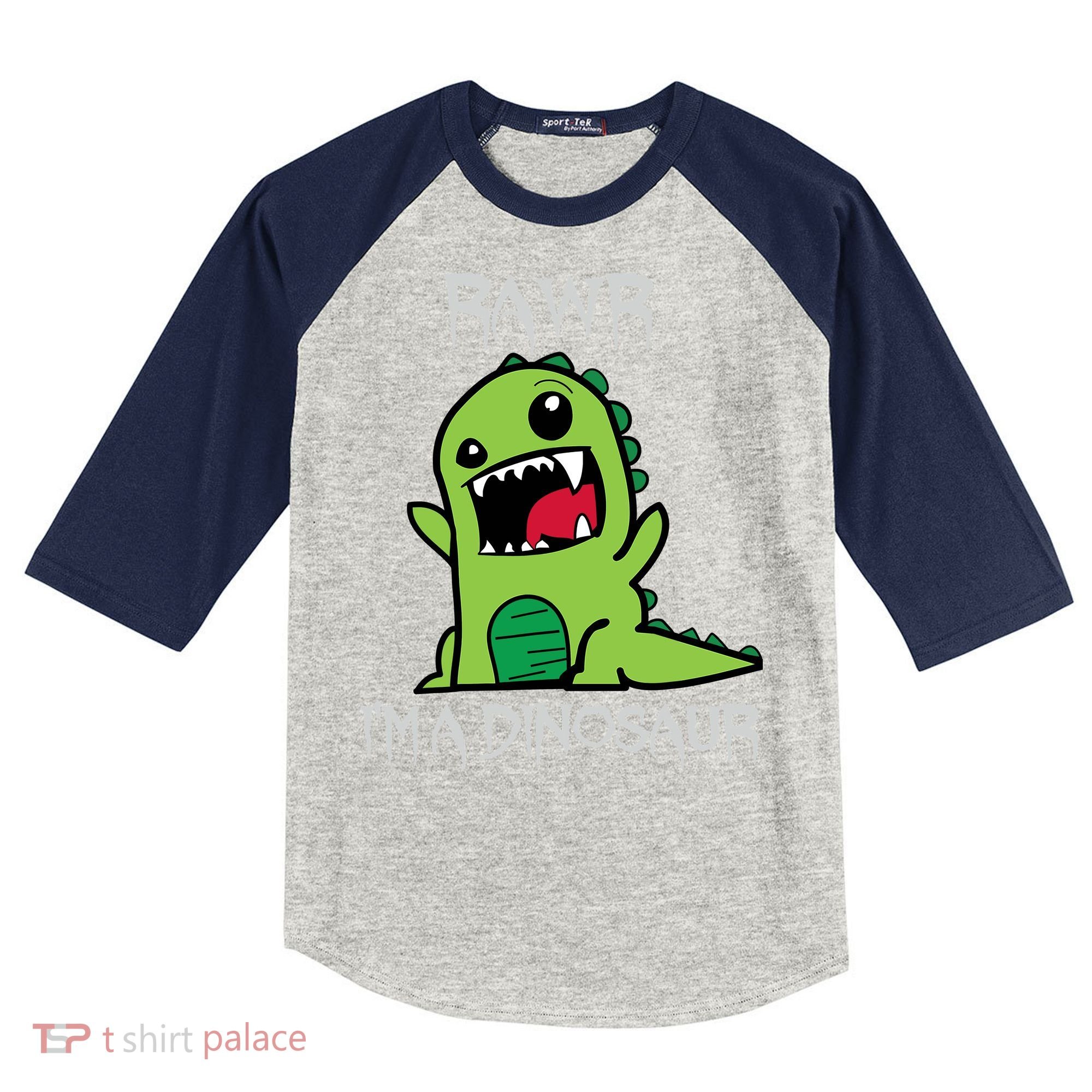 Rawr IM A Dinosaur Cartoon Trex Monster Kids Colorblock Raglan Jersey