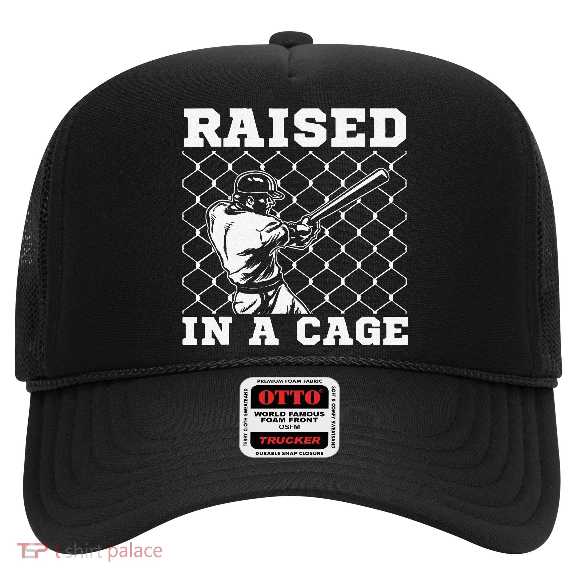 Raised In A Cage Baseball Training Batter Catcher Pitch Hat