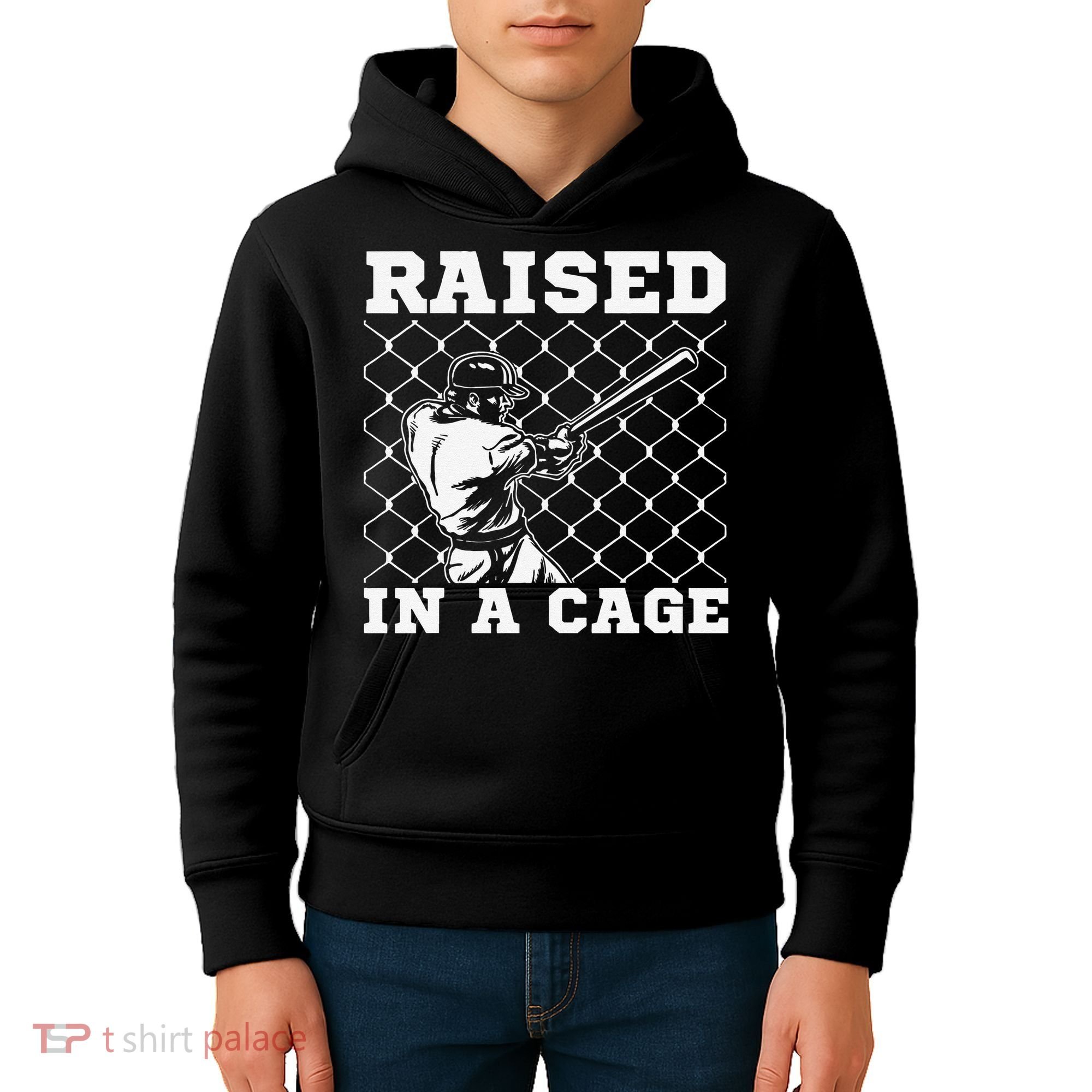 Raised In A Cage Baseball Training Batter Catcher Pitch Kids Hoodie