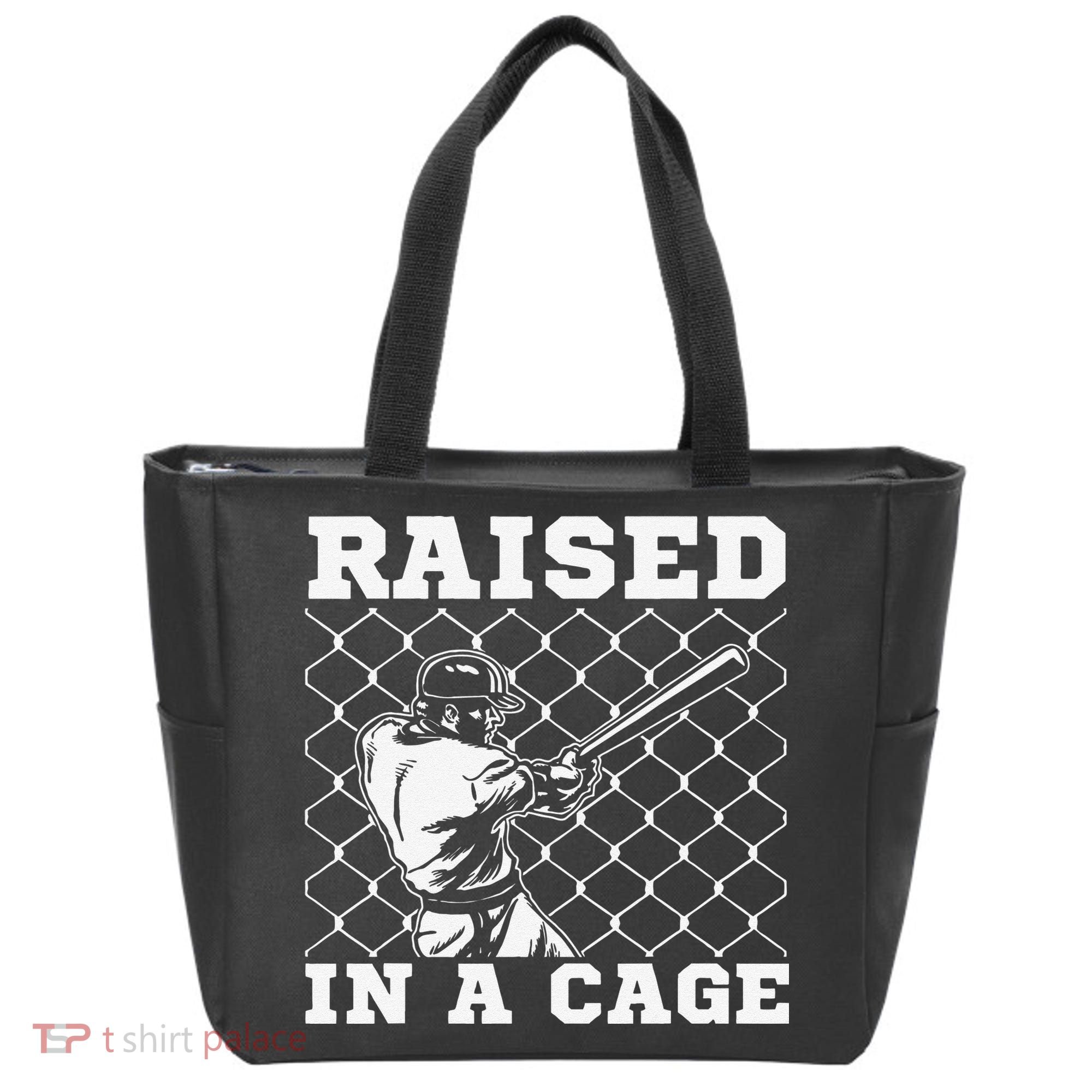 Raised In A Cage Baseball Training Batter Catcher Pitch Tote Bag