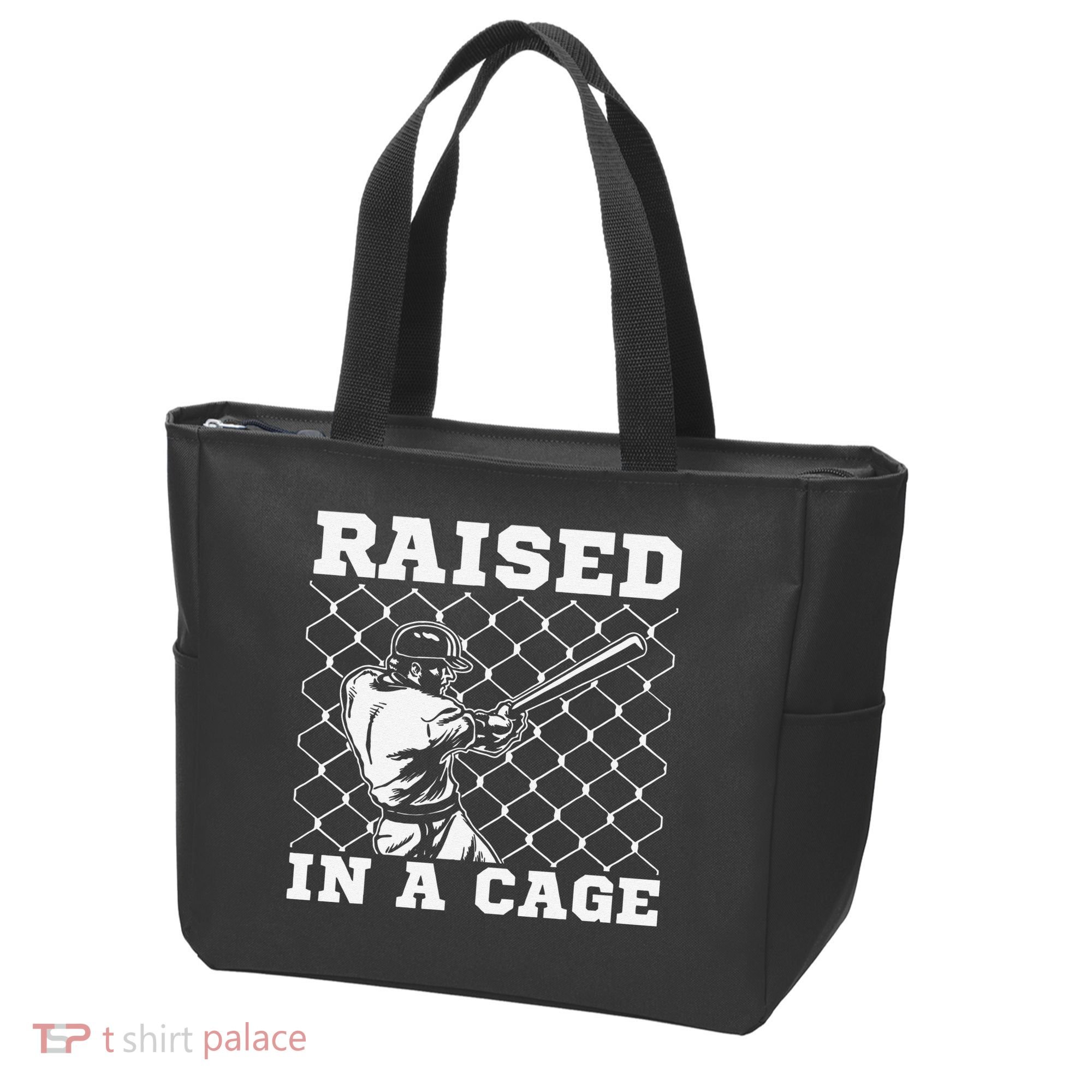 Raised In A Cage Baseball Training Batter Catcher Pitch Tote Bag