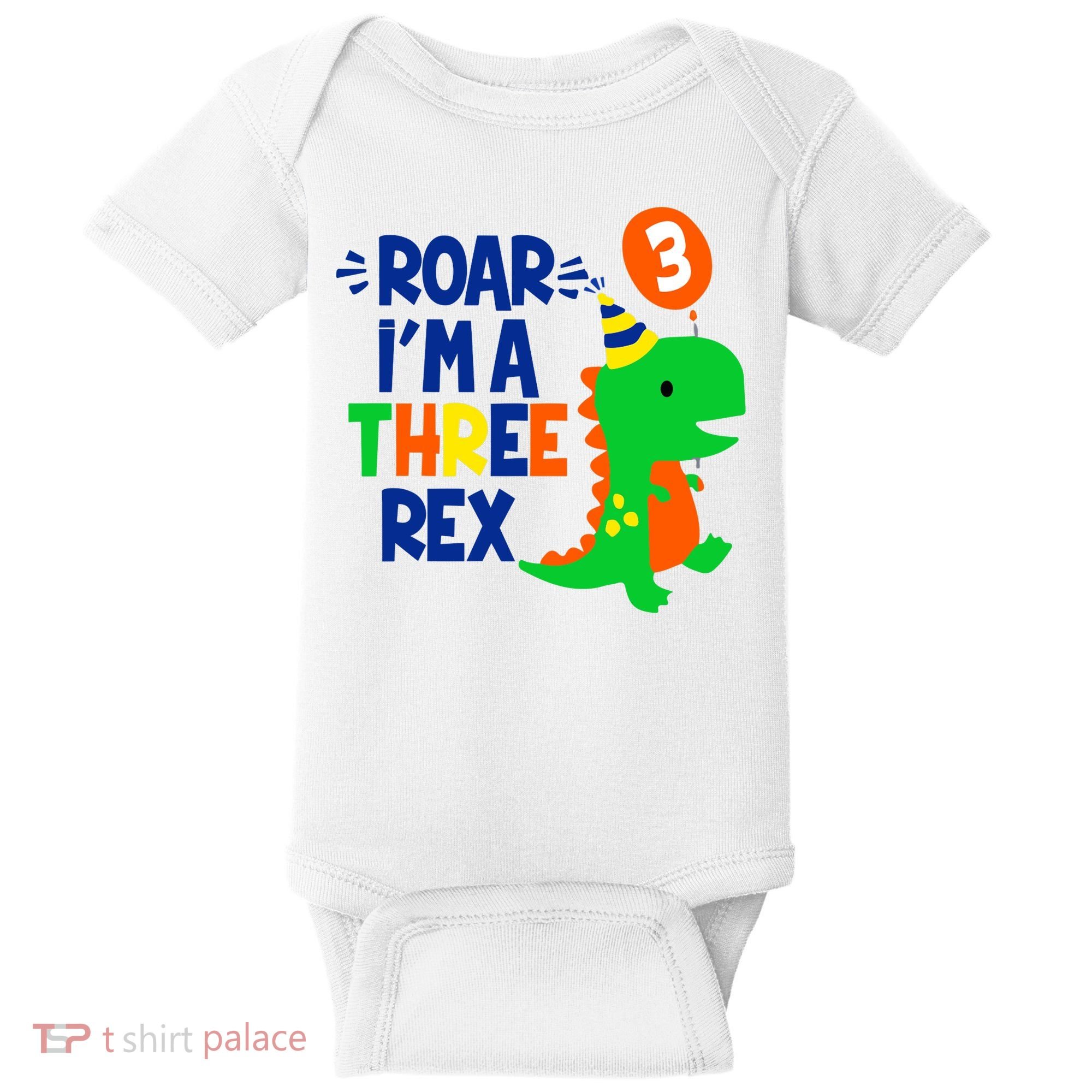Roar I'm A Three Rex Dinosaur 3rd Birthday Boy 3 Years Bday Baby Bodysuit