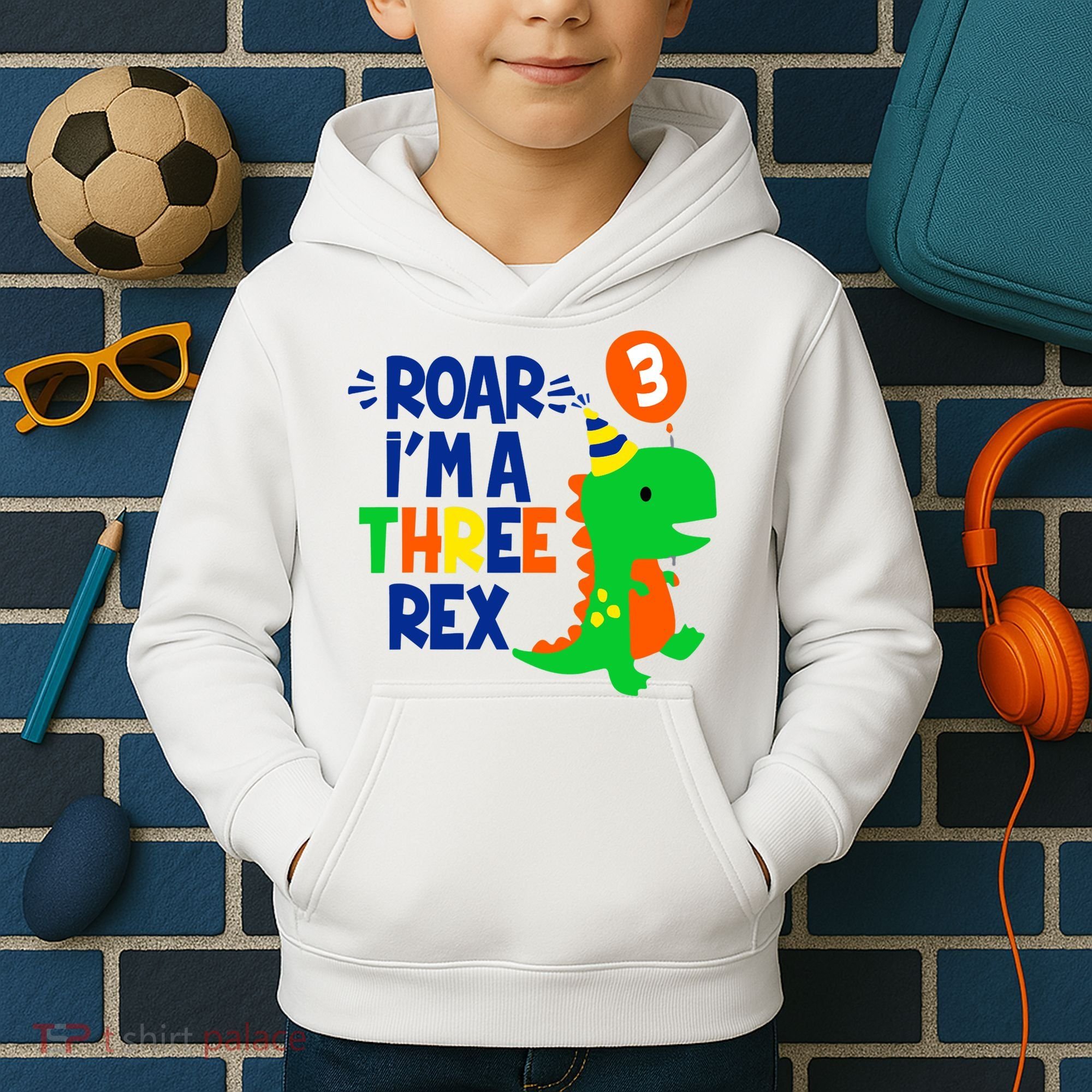 Roar I'm A Three Rex Dinosaur 3rd Birthday Boy 3 Years Bday Kids Hoodie