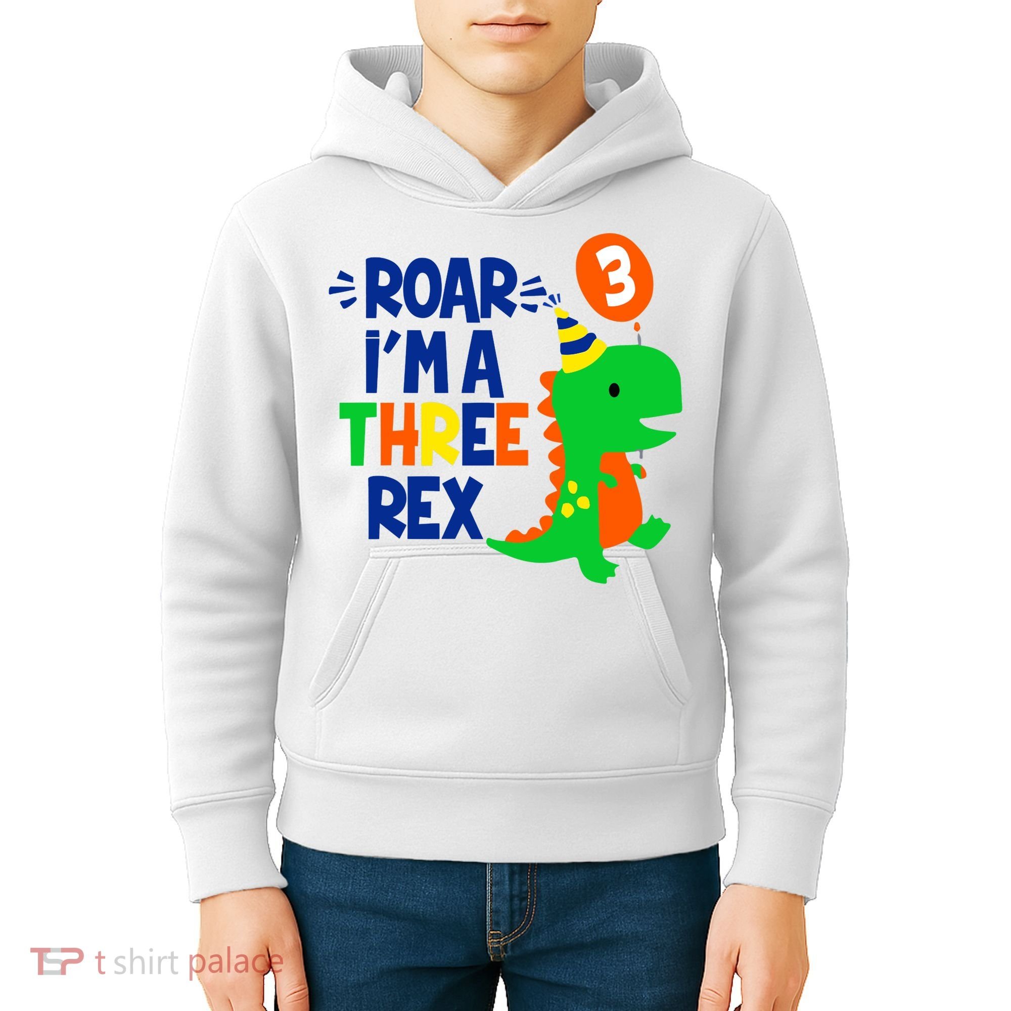 Roar I'm A Three Rex Dinosaur 3rd Birthday Boy 3 Years Bday Kids Hoodie
