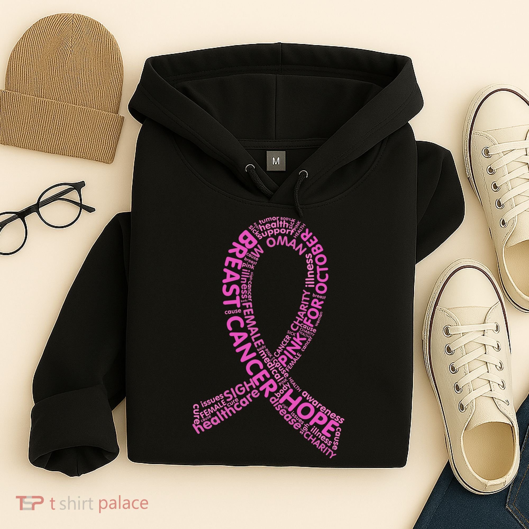 Ribbon Breast Cancer Word Print Hoodie