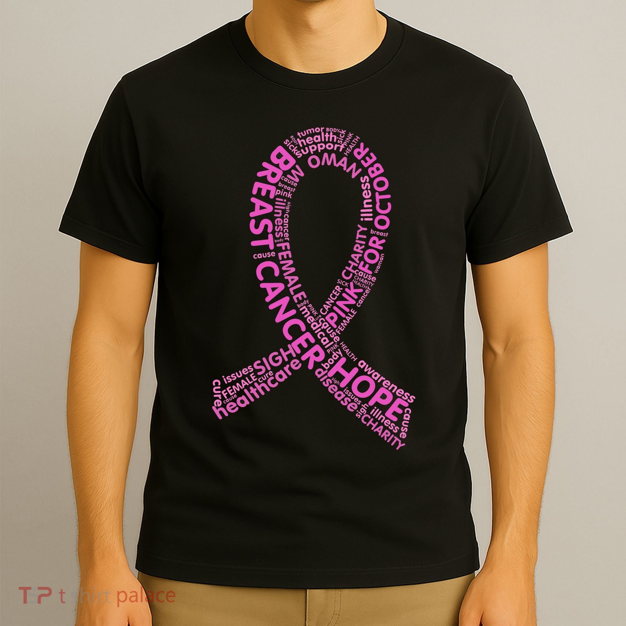 Ribbon Breast Cancer Word Print T-Shirt