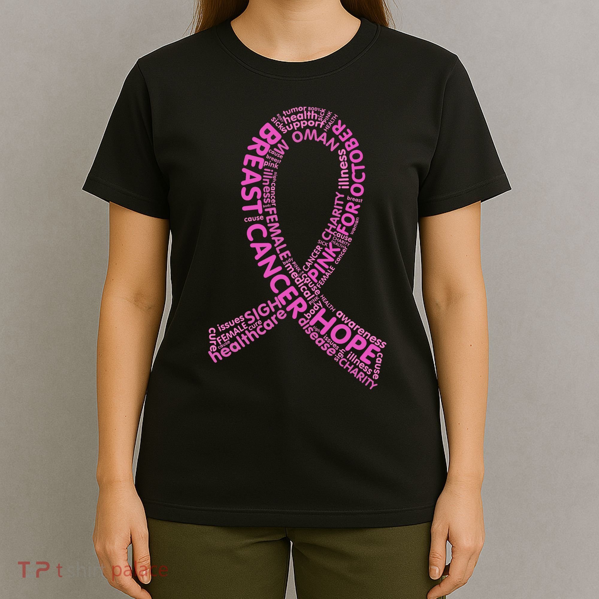 Ribbon Breast Cancer Word Print T-Shirt