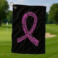 Ribbon Breast Cancer Word Print Golf Towel thumb 1