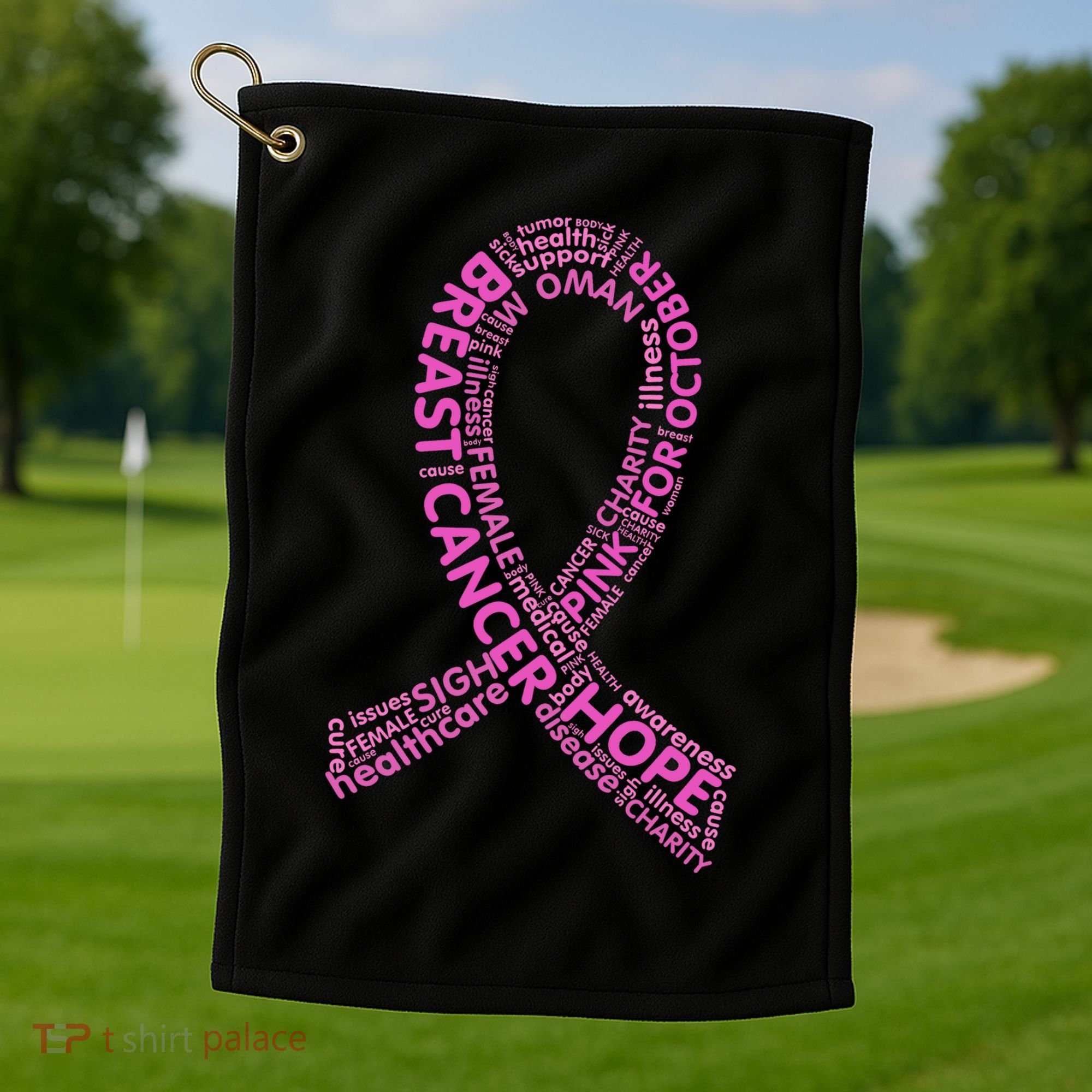 Ribbon Breast Cancer Word Print Golf Towel