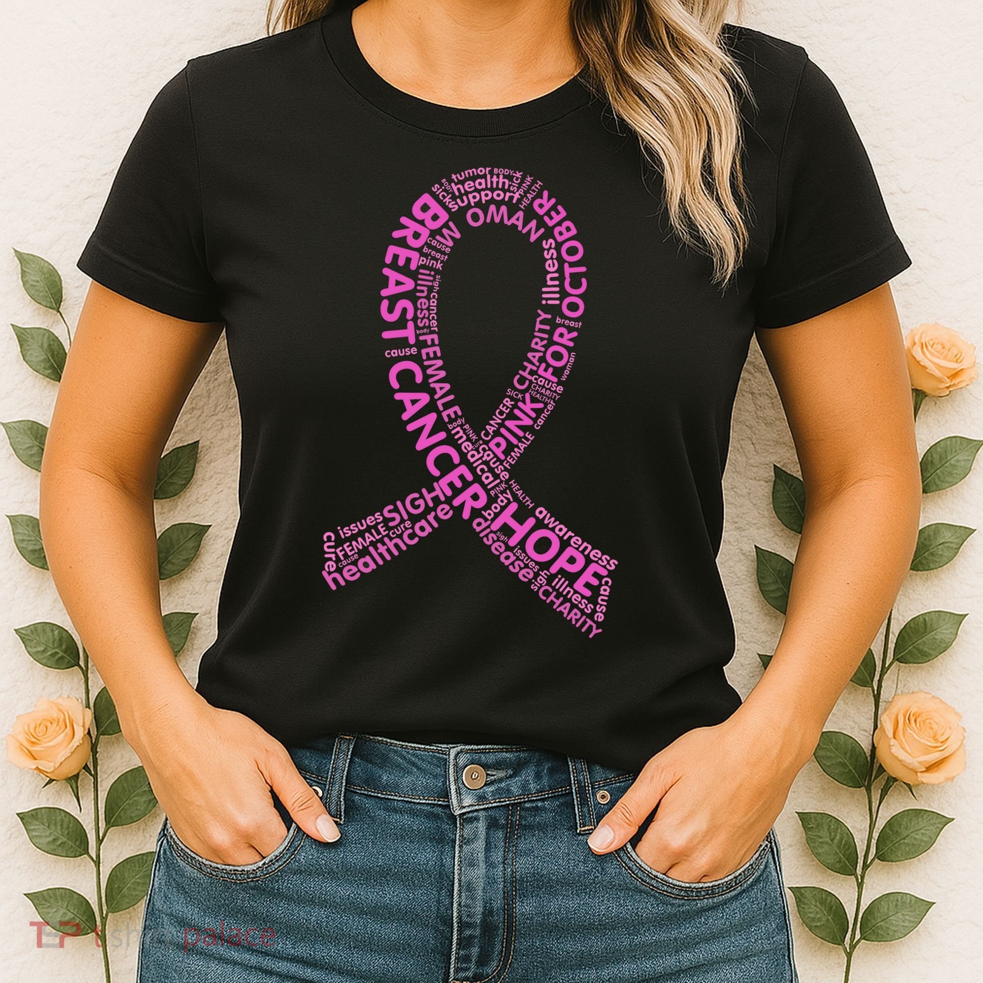 Ribbon Breast Cancer Word Print Women's T-Shirt