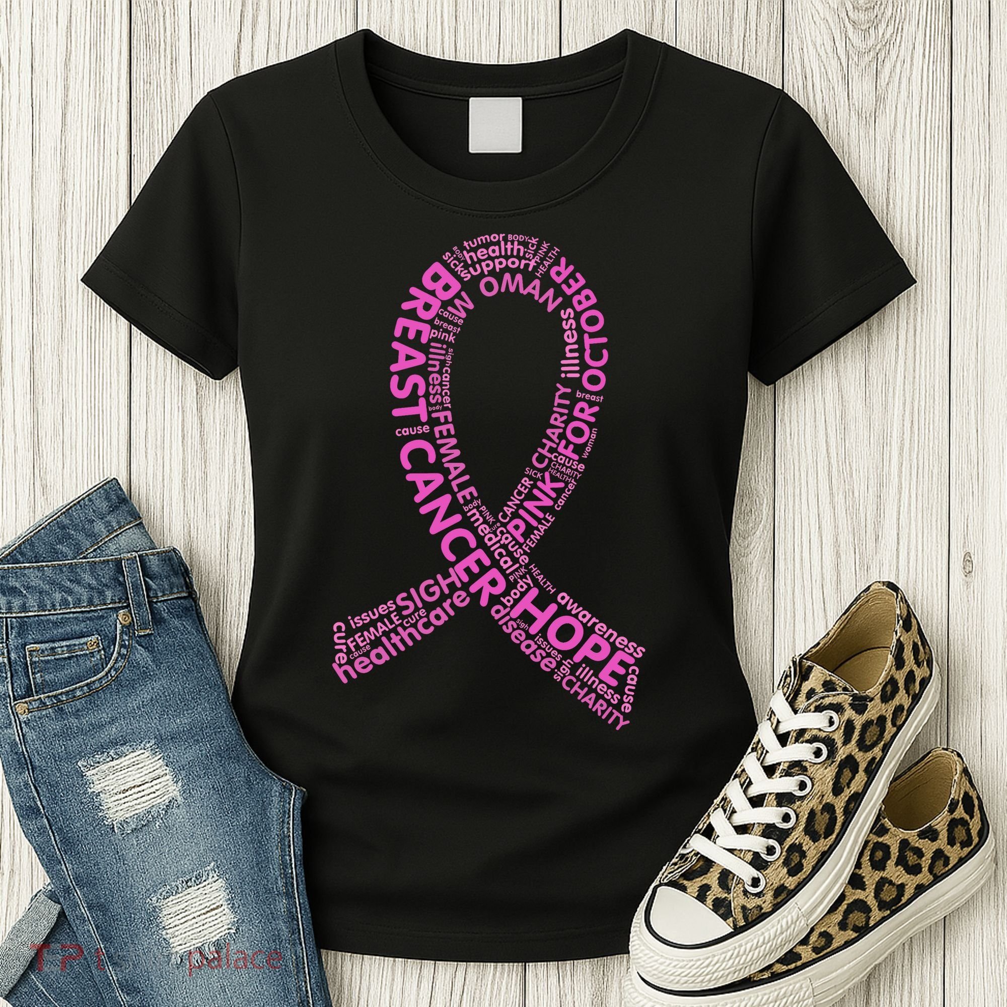 Ribbon Breast Cancer Word Print Women's T-Shirt