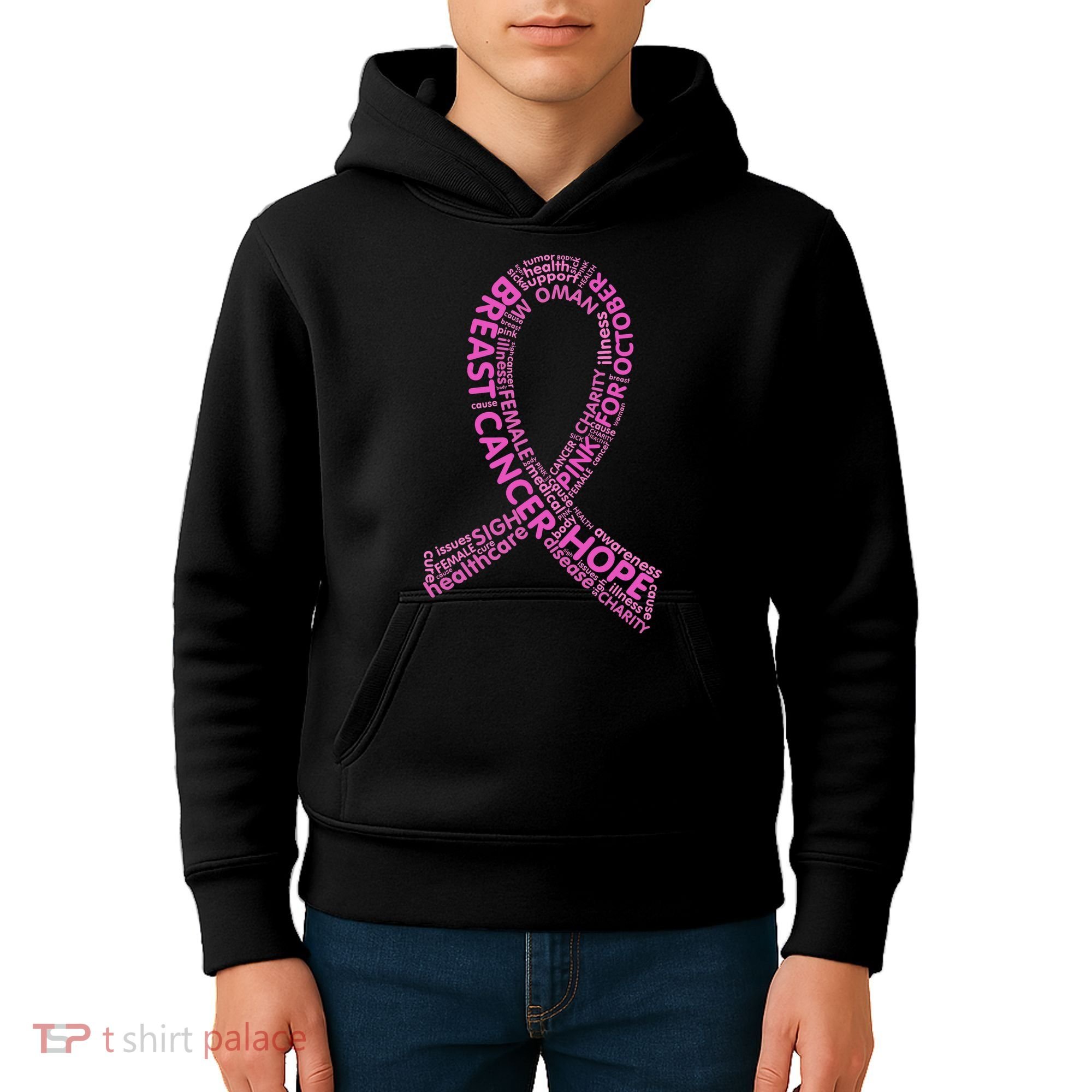 Ribbon Breast Cancer Word Print Kids Hoodie