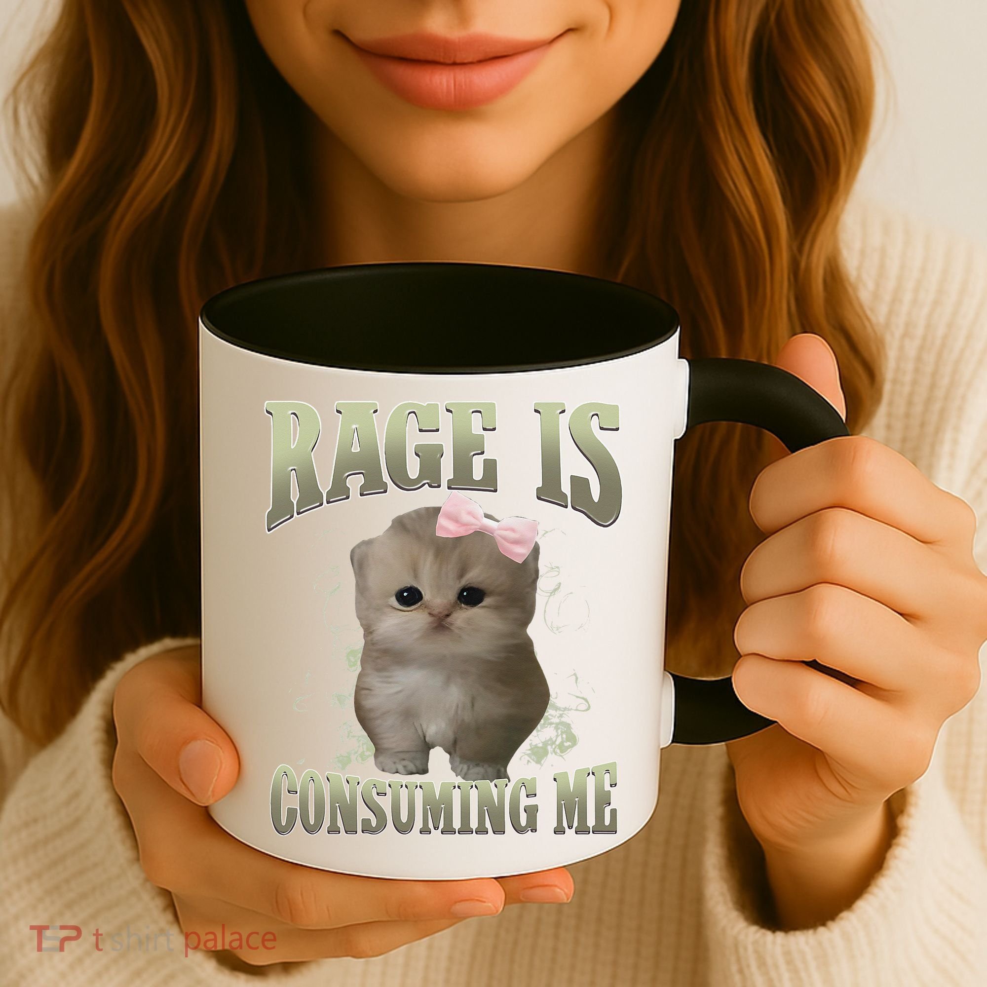 Rage Is Consuming Me Cute Coquette Bow Kawaii Cat Meme Coffee Mug