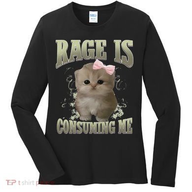 Rage Is Consuming Me Cute Coquette Bow Kawaii Cat Meme Women's Long Sleeve Shirt