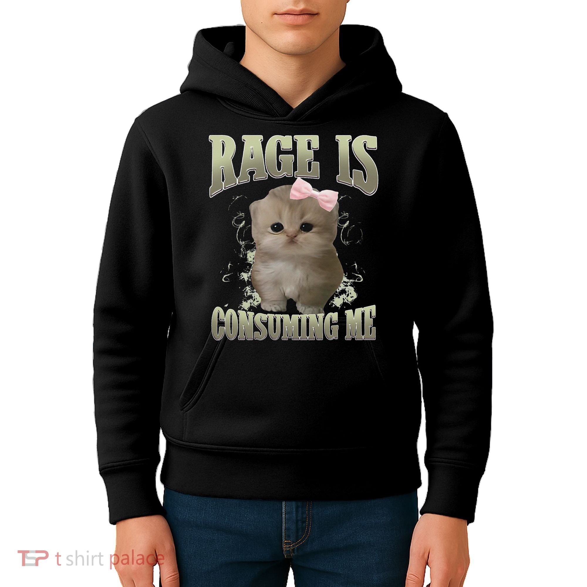 Rage Is Consuming Me Cute Coquette Bow Kawaii Cat Meme Kids Hoodie