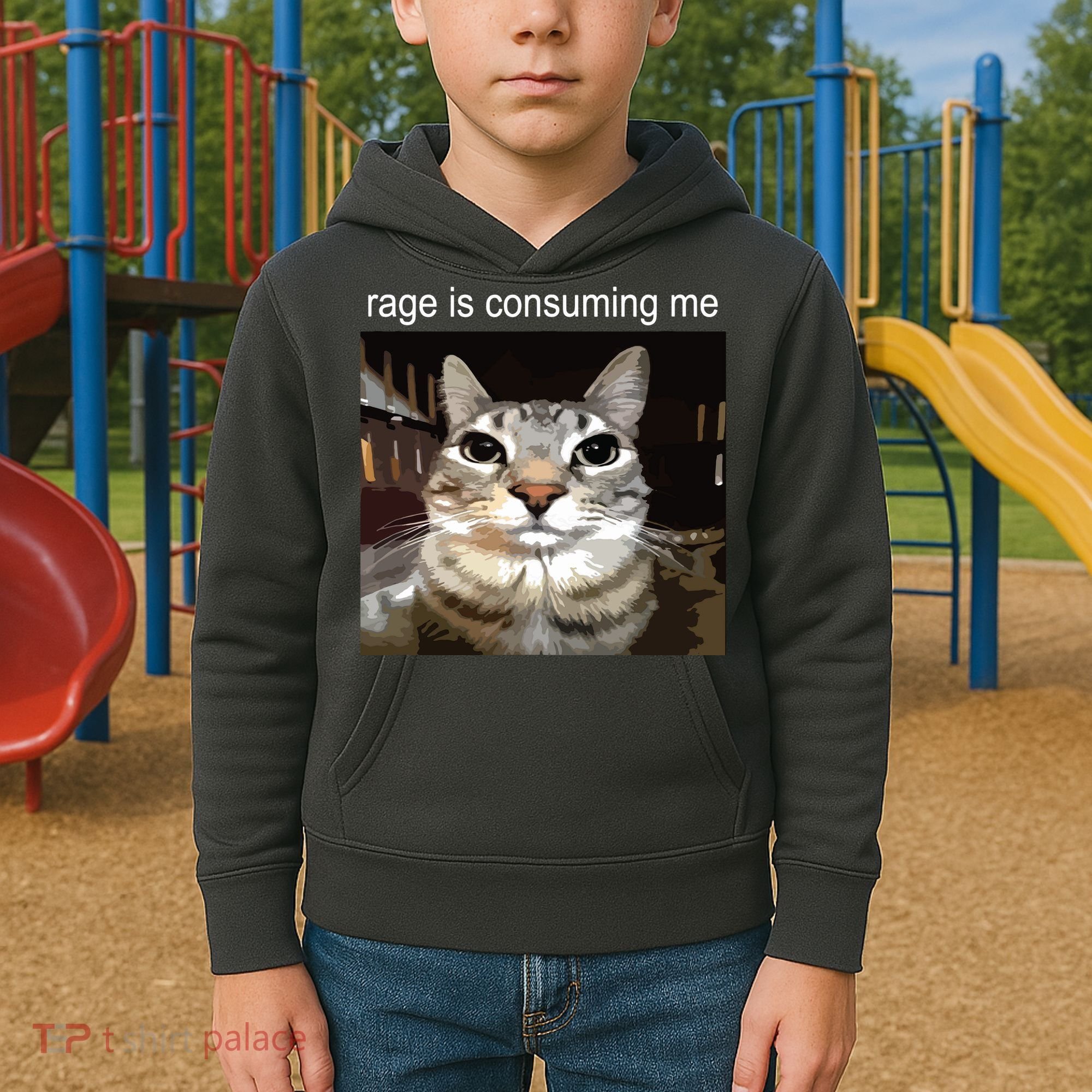Rage Is Consuming Me Silly Staring Cat Meme Kids Hoodie