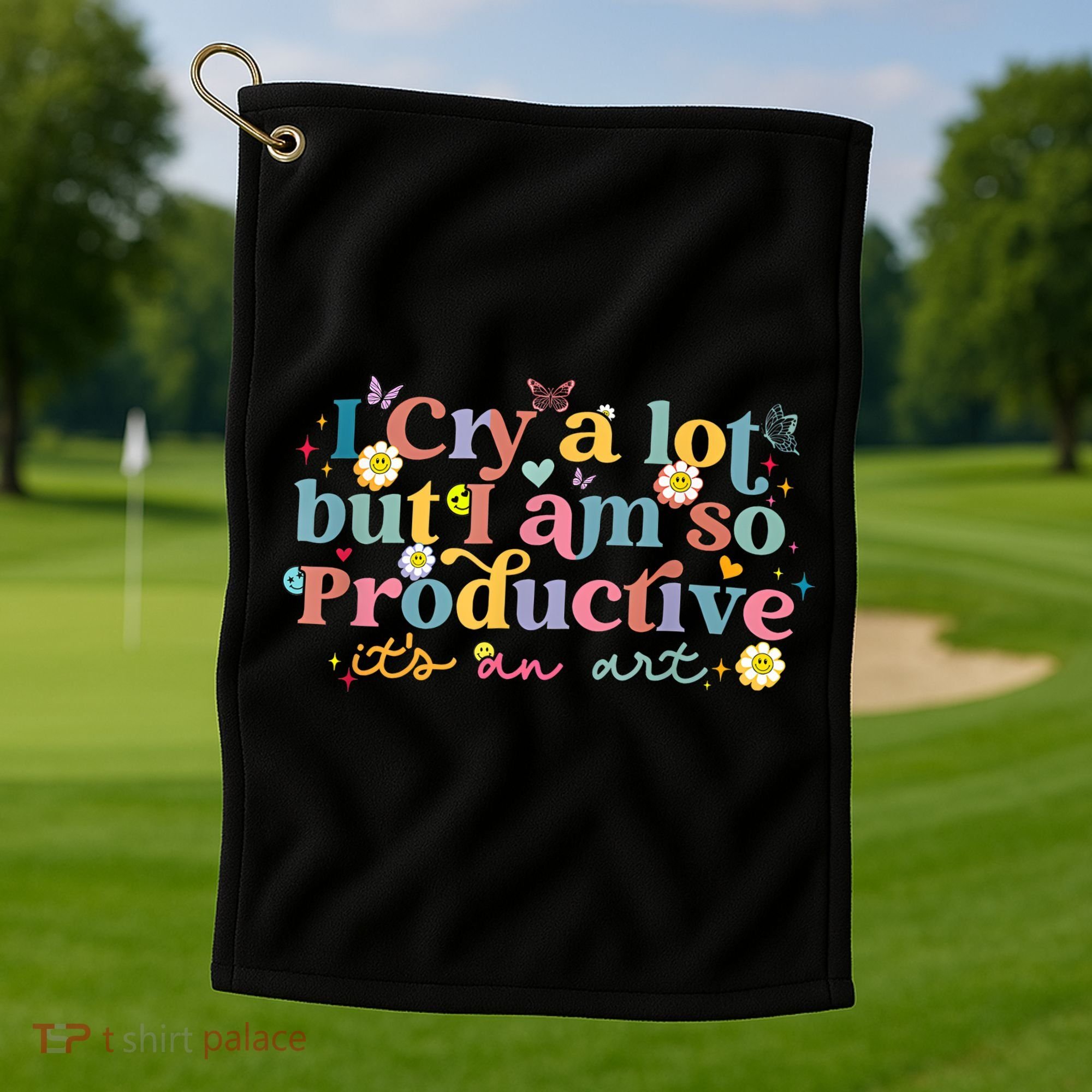 Retro I Cry A Lot But I Am So Productive Funny Trending Meme Golf Towel