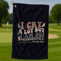 Retro I Cry A Lot But I Am So Productive Funny Trending Meme Golf Towel thumb 1
