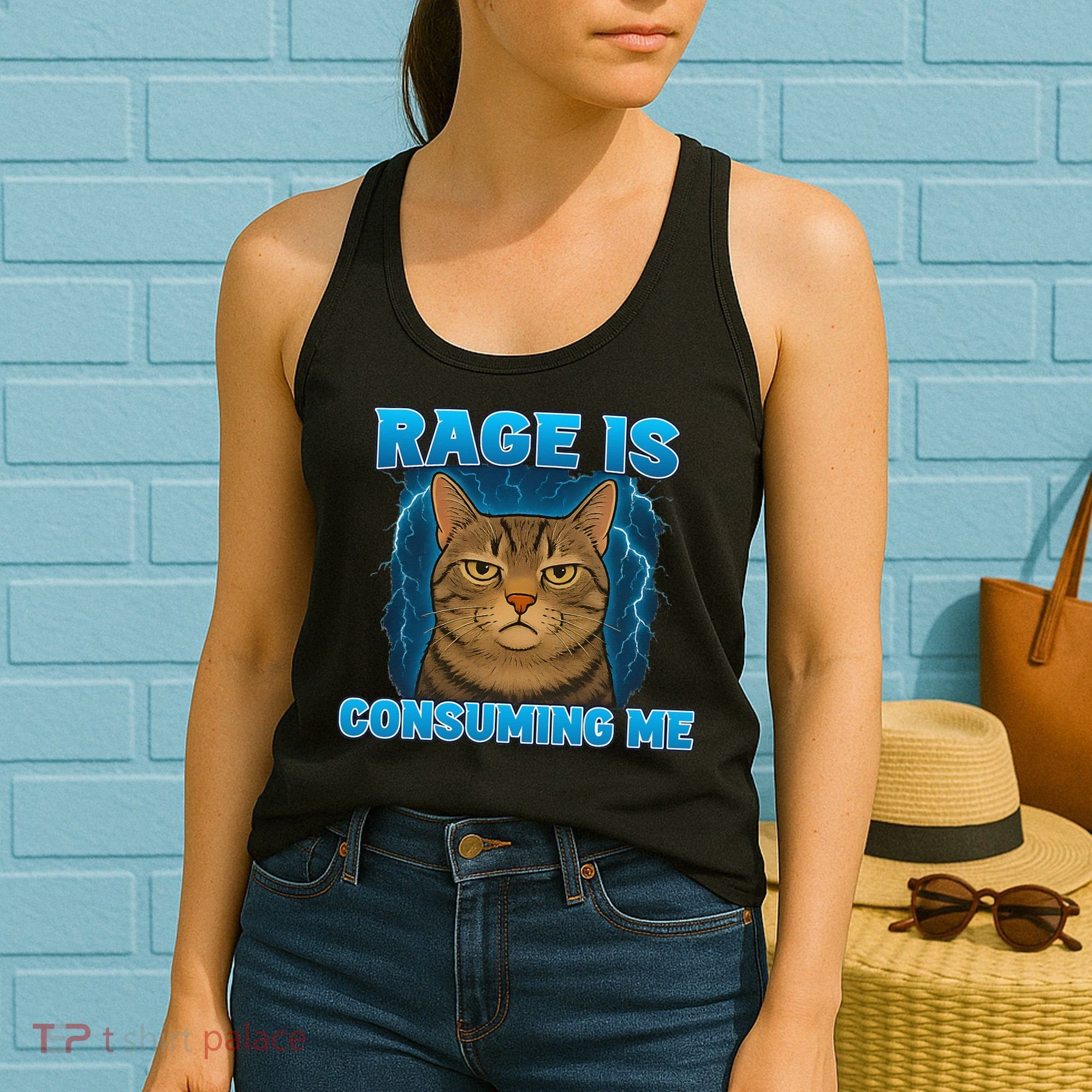 Rage Is Consuming Me Funny Lightning Angry Cat Meme Women's Tank Top