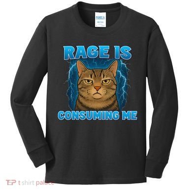 Rage Is Consuming Me Funny Lightning Angry Cat Meme Kids Long Sleeve Shirt
