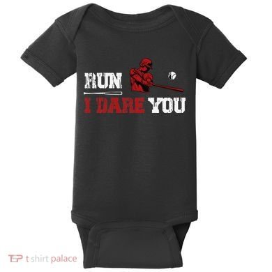 Run I Dare You Funny Baseball Catcher Baseball Player Lover Baby Bodysuit