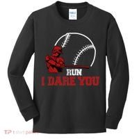 Run I Dare You Funny Baseball Catcher Baseball Player Lover Kids Long Sleeve Shirt thumb 0