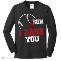 Run I Dare You Funny Baseball Catcher Baseball Player Lover Kids Long Sleeve Shirt thumb 0