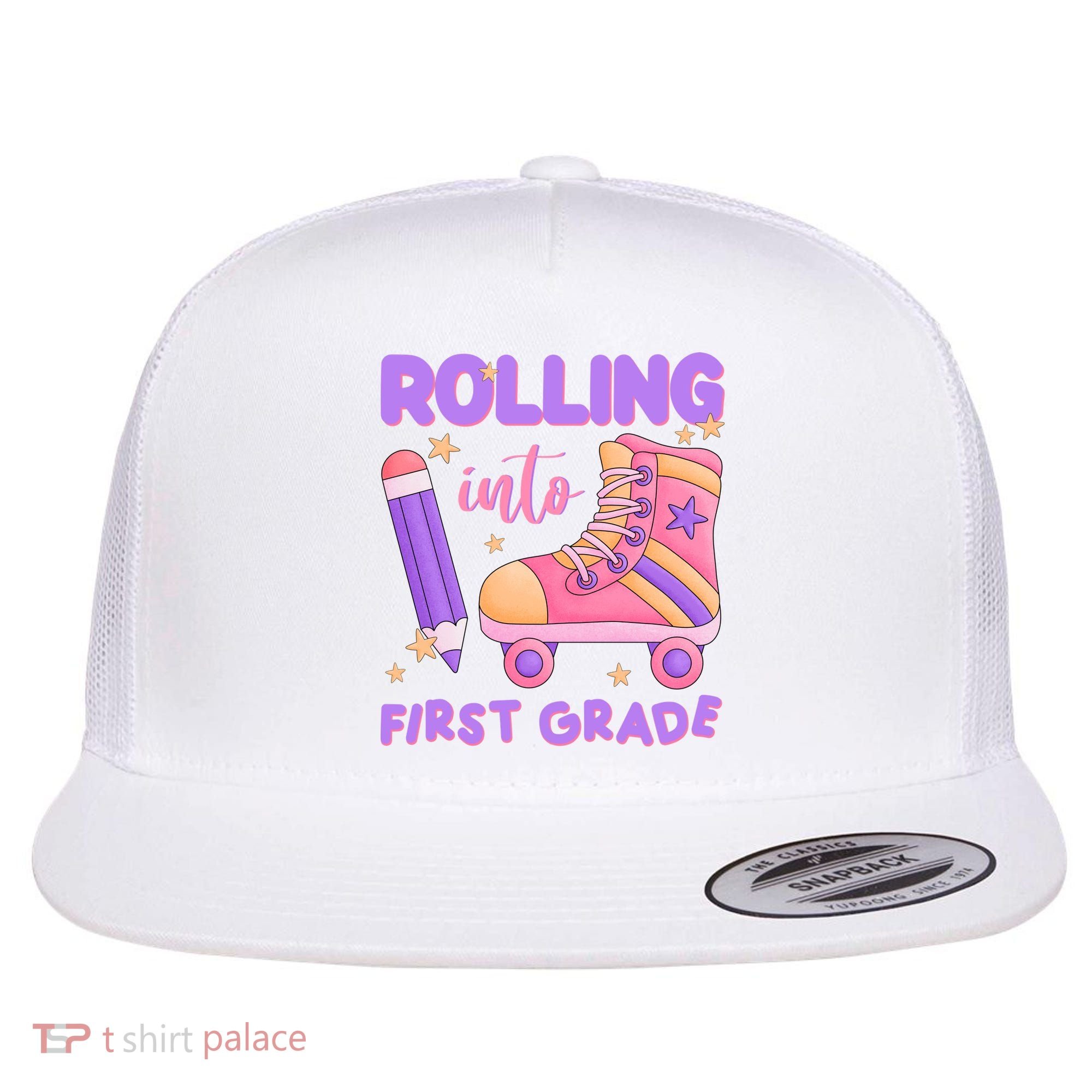 Rolling Into First Grade Cute Flat Bill Trucker Hat