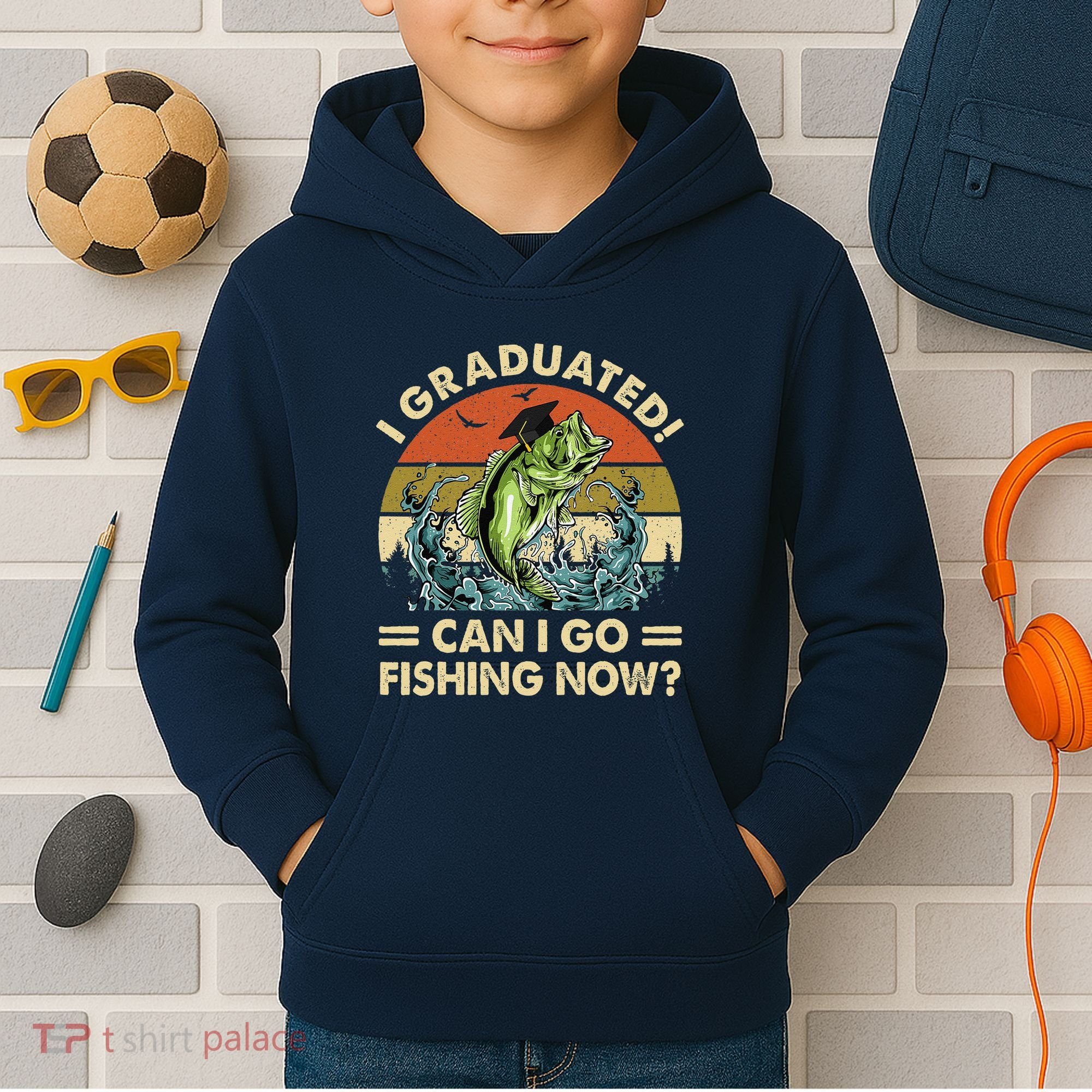 Retro I Graduated Can I Go Fishing Now Cute Graduation Kids Hoodie