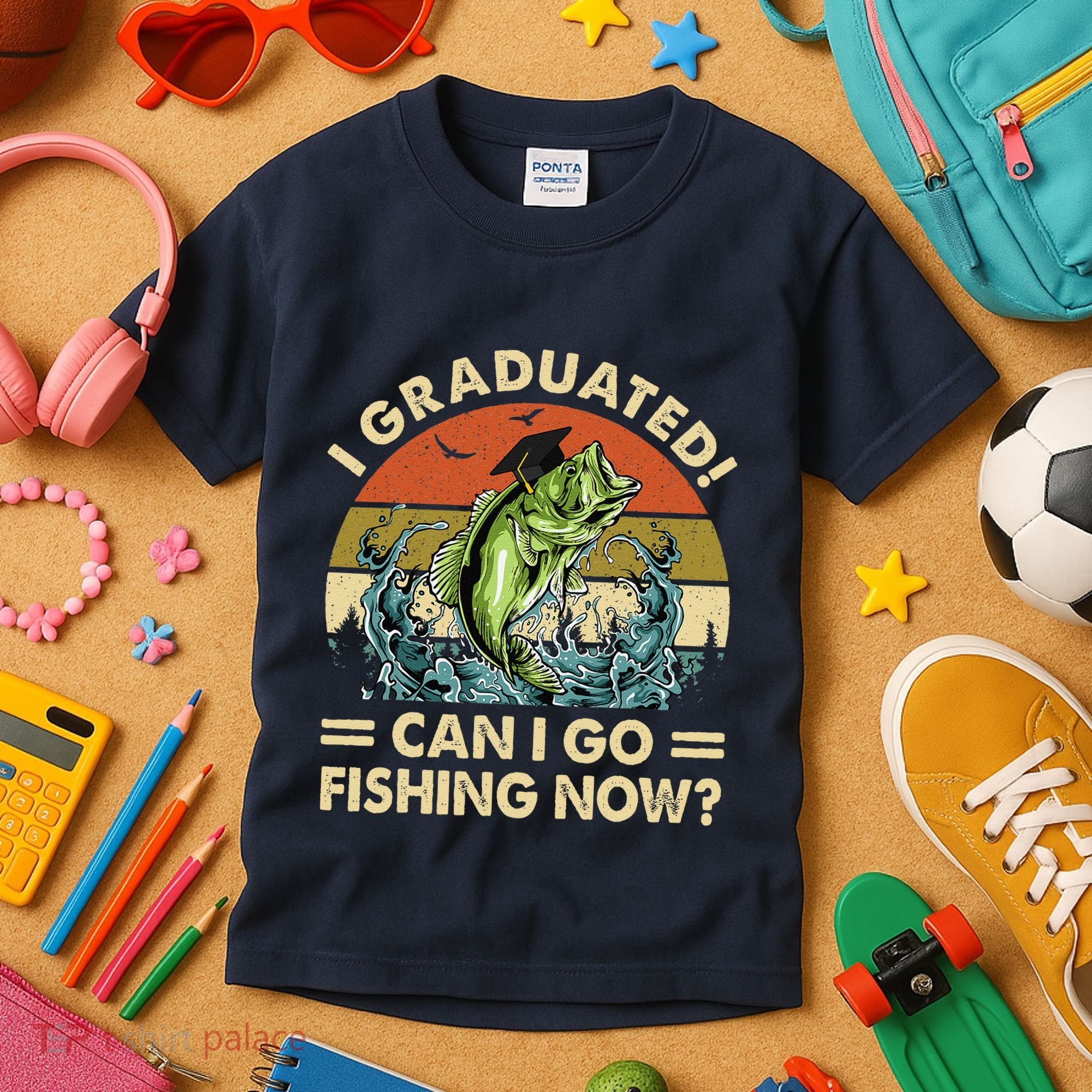 Retro I Graduated Can I Go Fishing Now Cute Graduation Kids T-Shirt