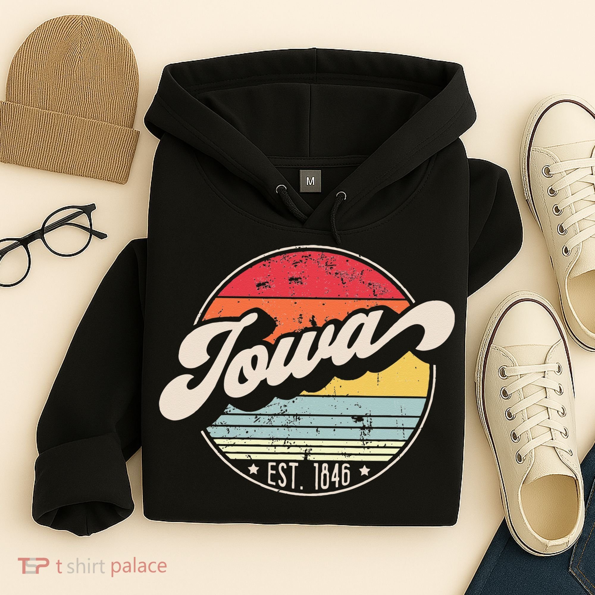 Retro Iowa Home State IA Cool 70s Style Sunset Hoodie