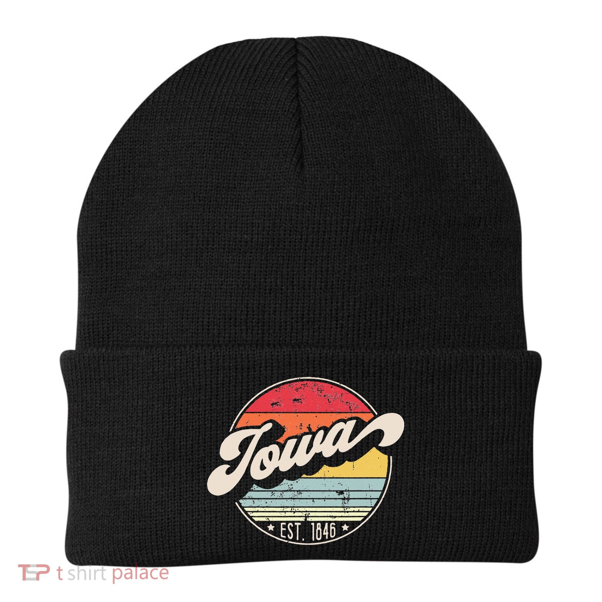 Retro Iowa Home State IA Cool 70s Style Sunset Beanie
