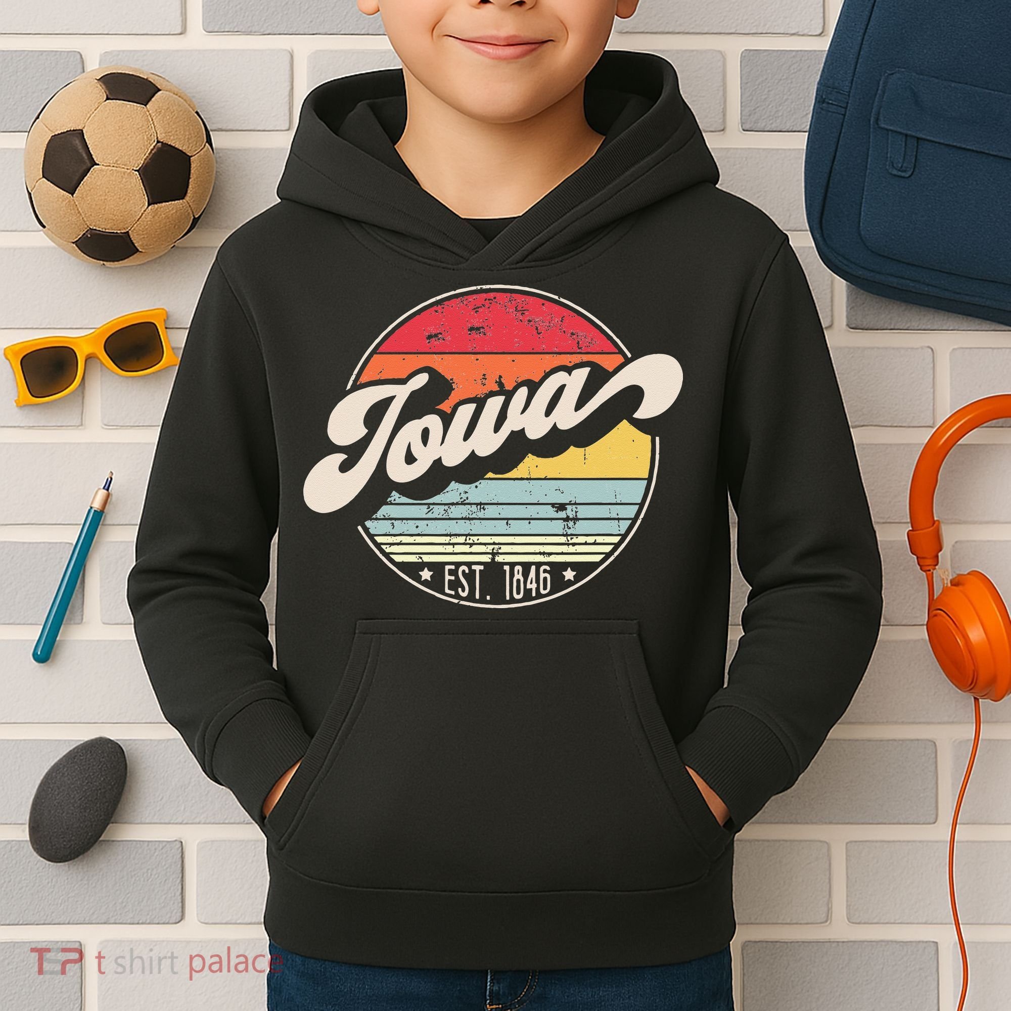Retro Iowa Home State IA Cool 70s Style Sunset Kids Hoodie