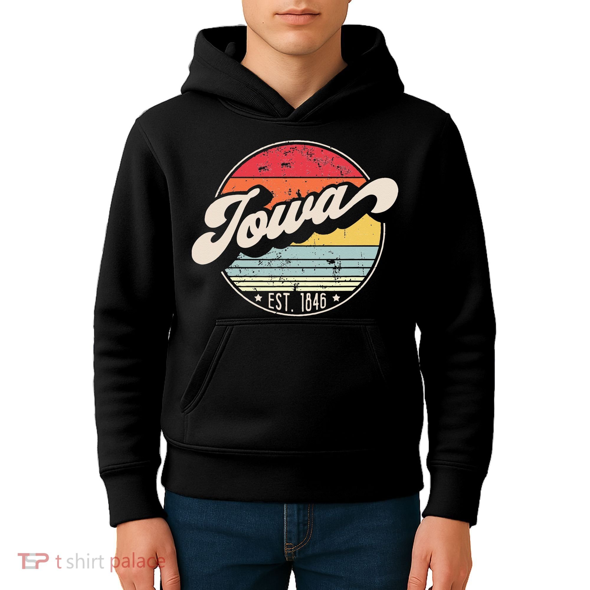 Retro Iowa Home State IA Cool 70s Style Sunset Kids Hoodie