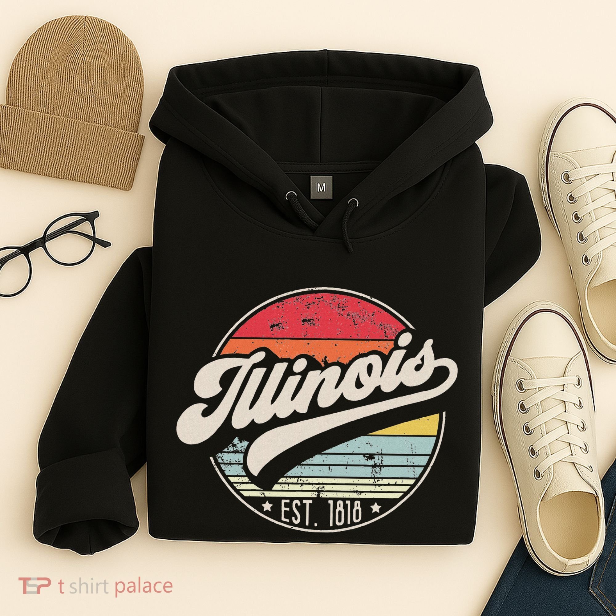 Retro Illinois Home State Il Cool 70s Style Sunset Hoodie