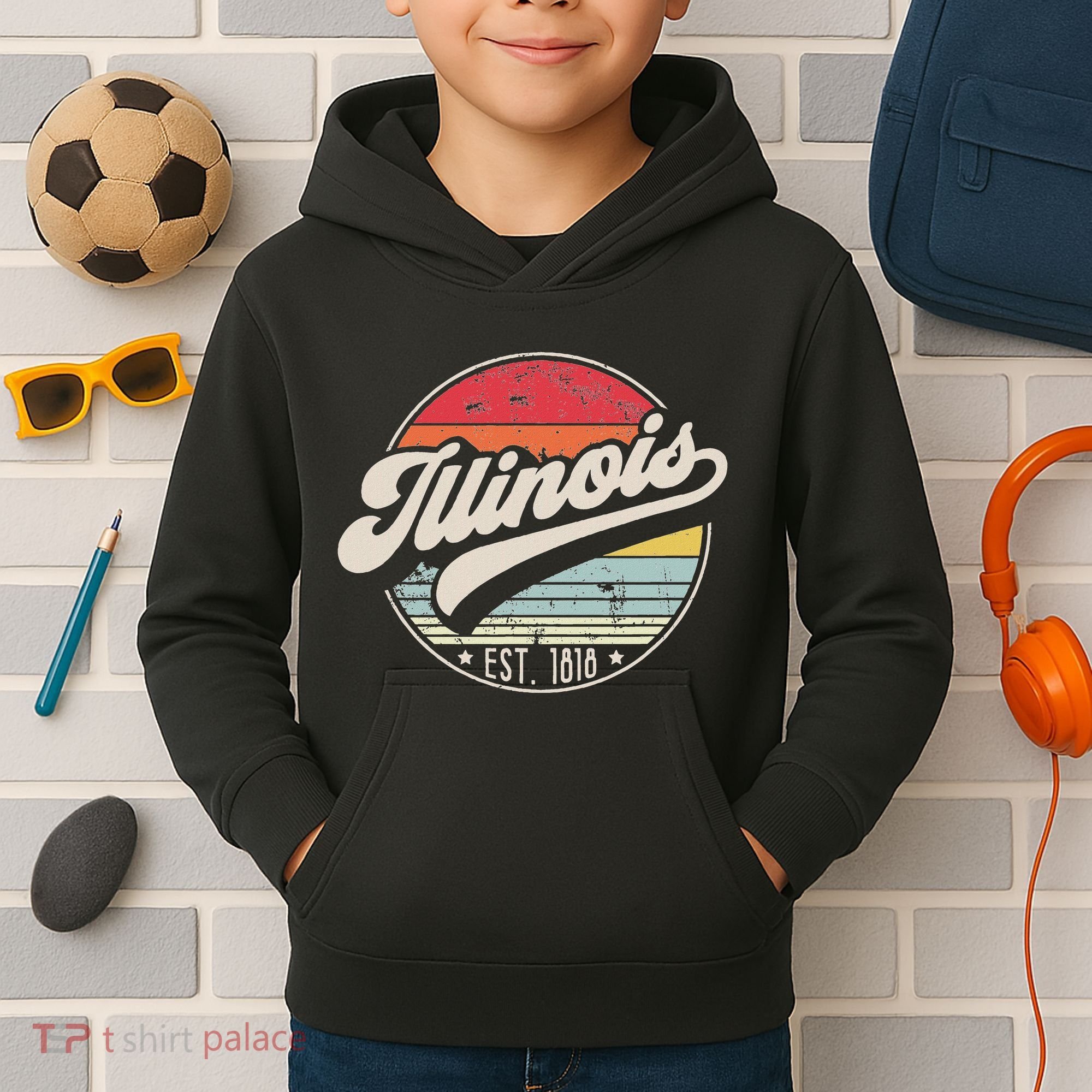 Retro Illinois Home State Il Cool 70s Style Sunset Kids Hoodie