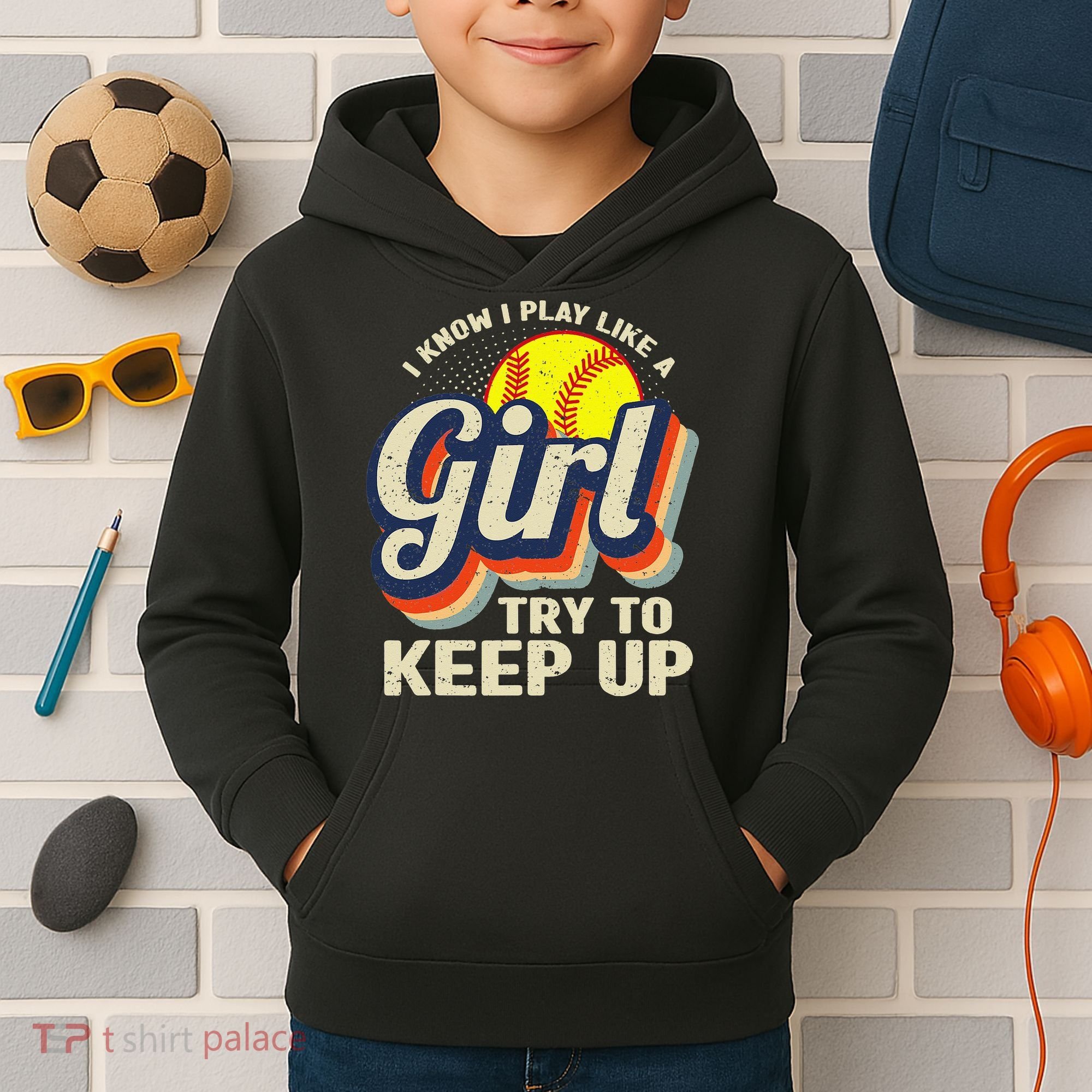 Retro I Know I Play Like A Try To Keep Up Softball Kids Hoodie