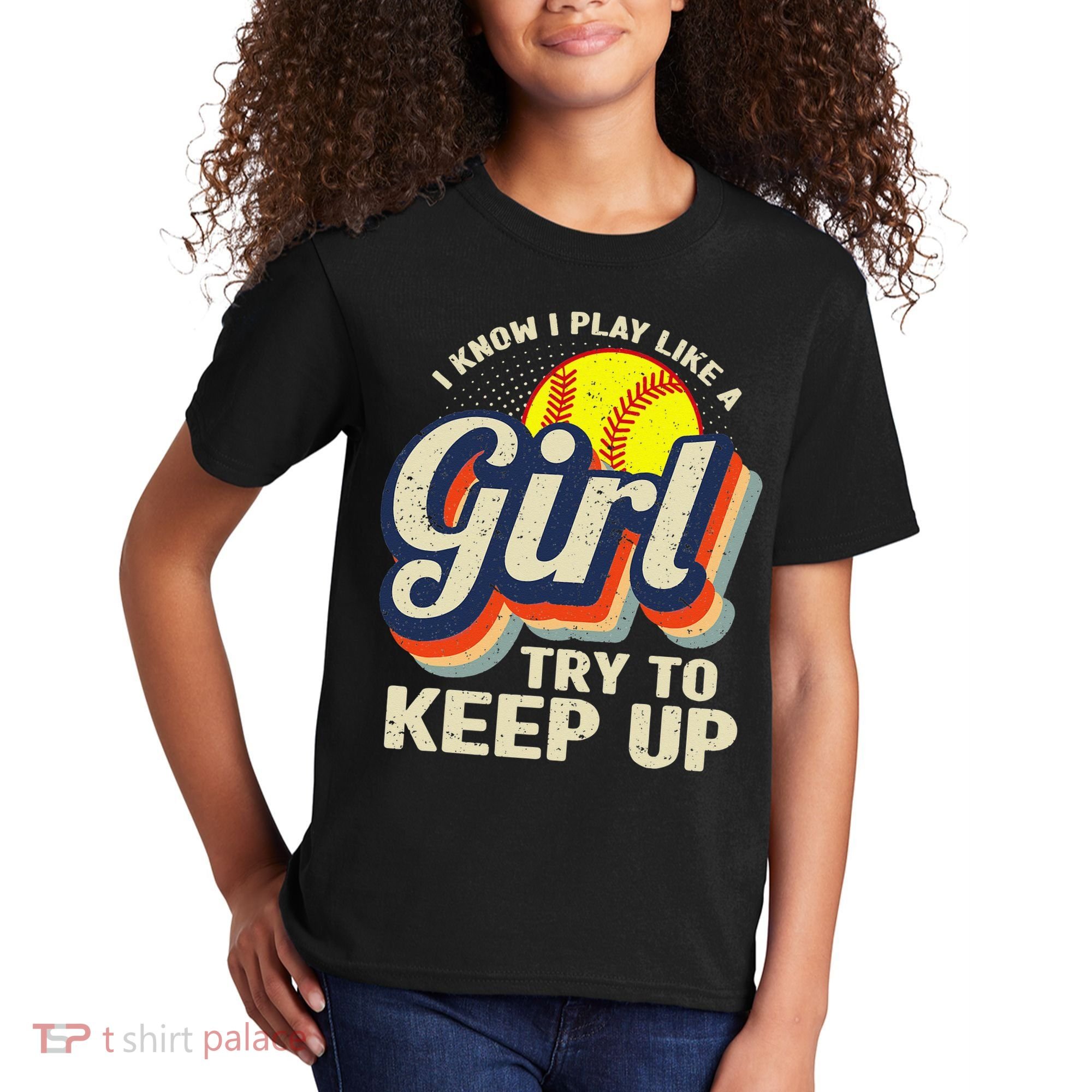 Retro I Know I Play Like A Try To Keep Up Softball Kids T-Shirt