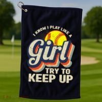 Retro I Know I Play Like A Girl Try To Keep Up Softball Golf Towel thumb 1