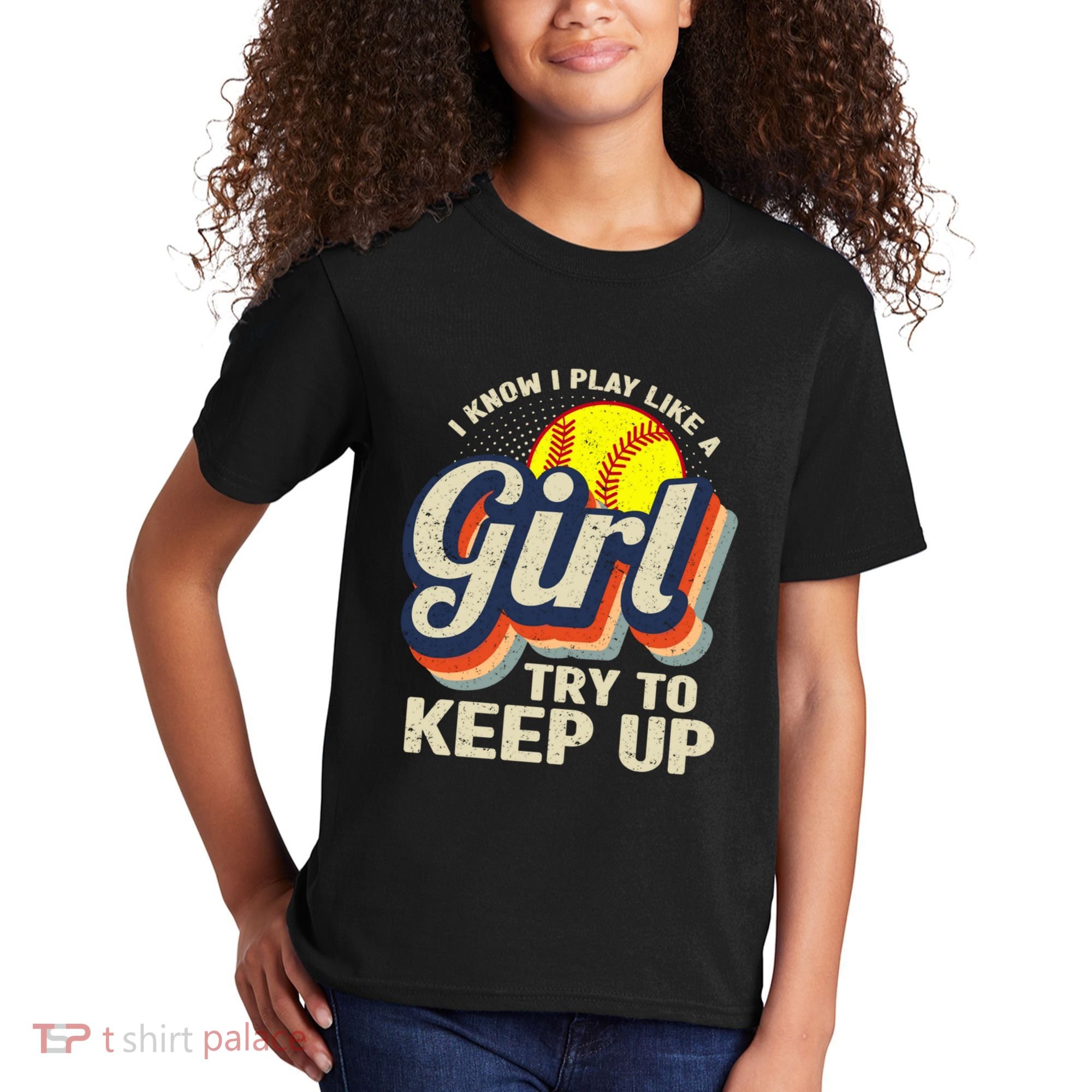 Retro I Know I Play Like A Girl Try To Keep Up Softball Kids T-Shirt