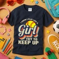 Retro I Know I Play Like A Girl Try To Keep Up Softball Kids T-Shirt thumb 3