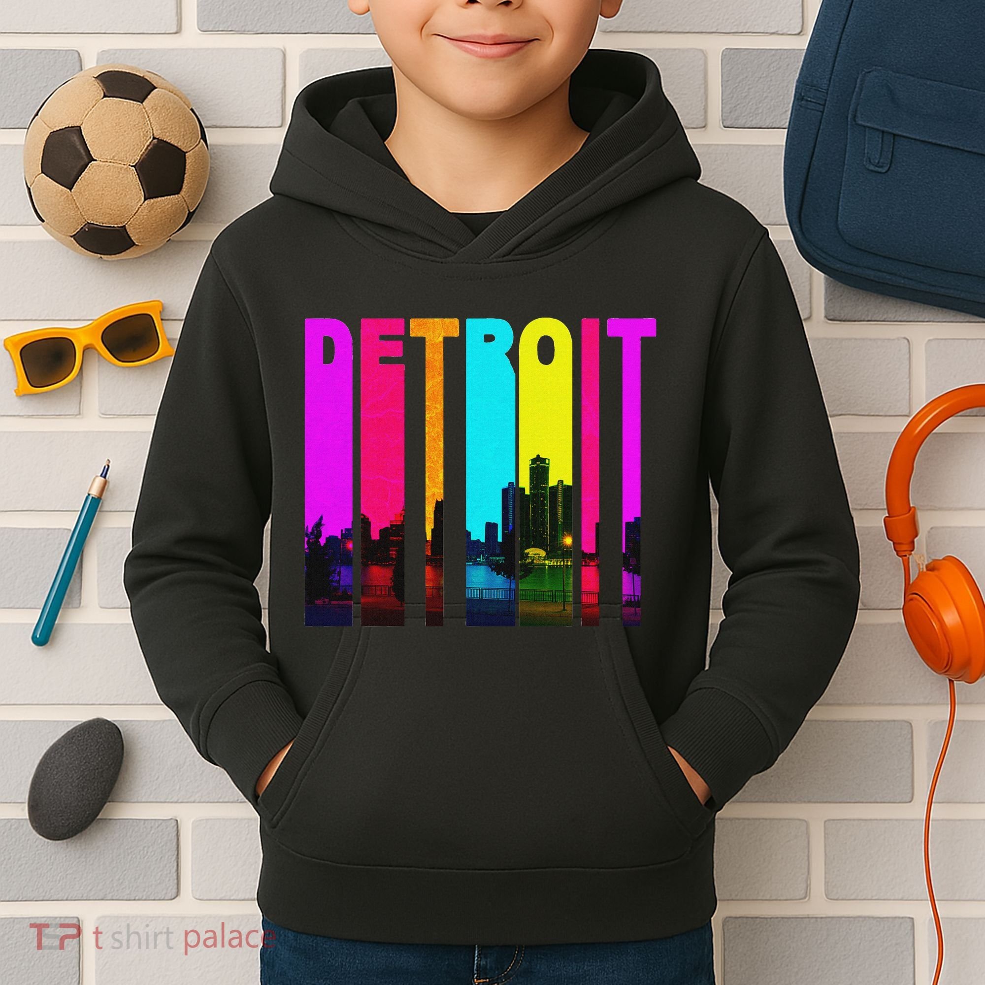 Retro I Love Detroit Michigan Skyline Kids Hoodie