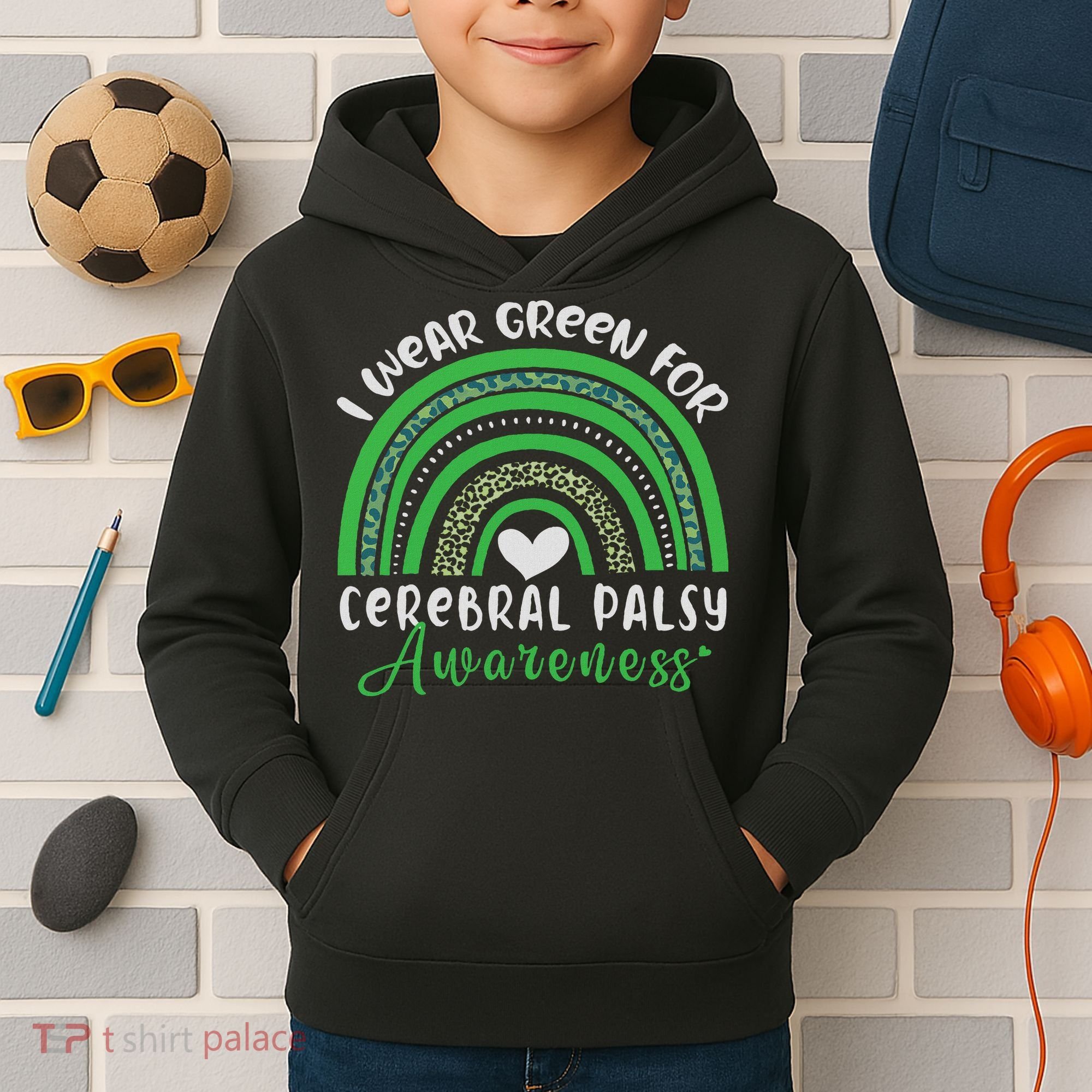 Rainbow In March We Wear Green Cerebral Palsy Awareness Kids Hoodie