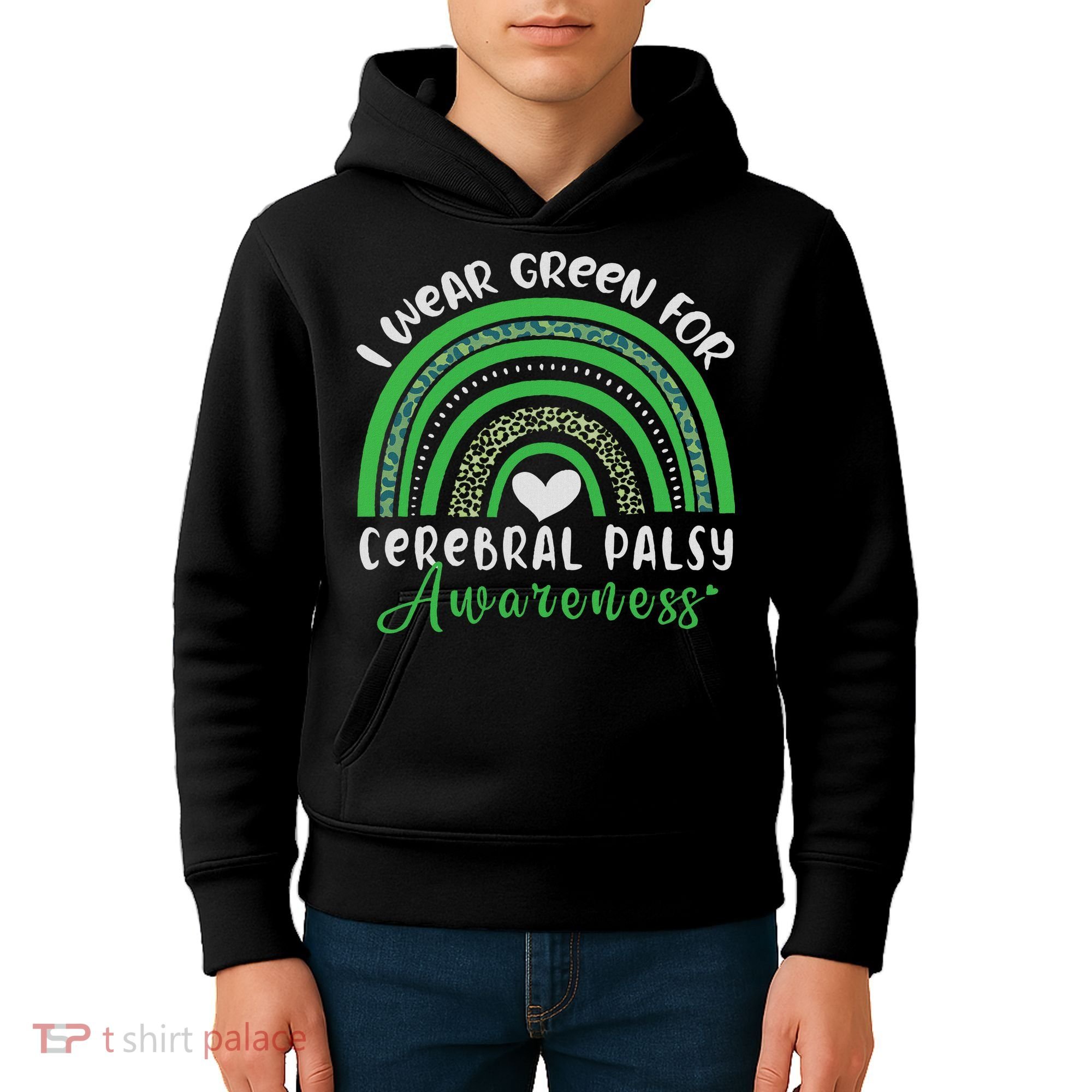 Rainbow In March We Wear Green Cerebral Palsy Awareness Kids Hoodie