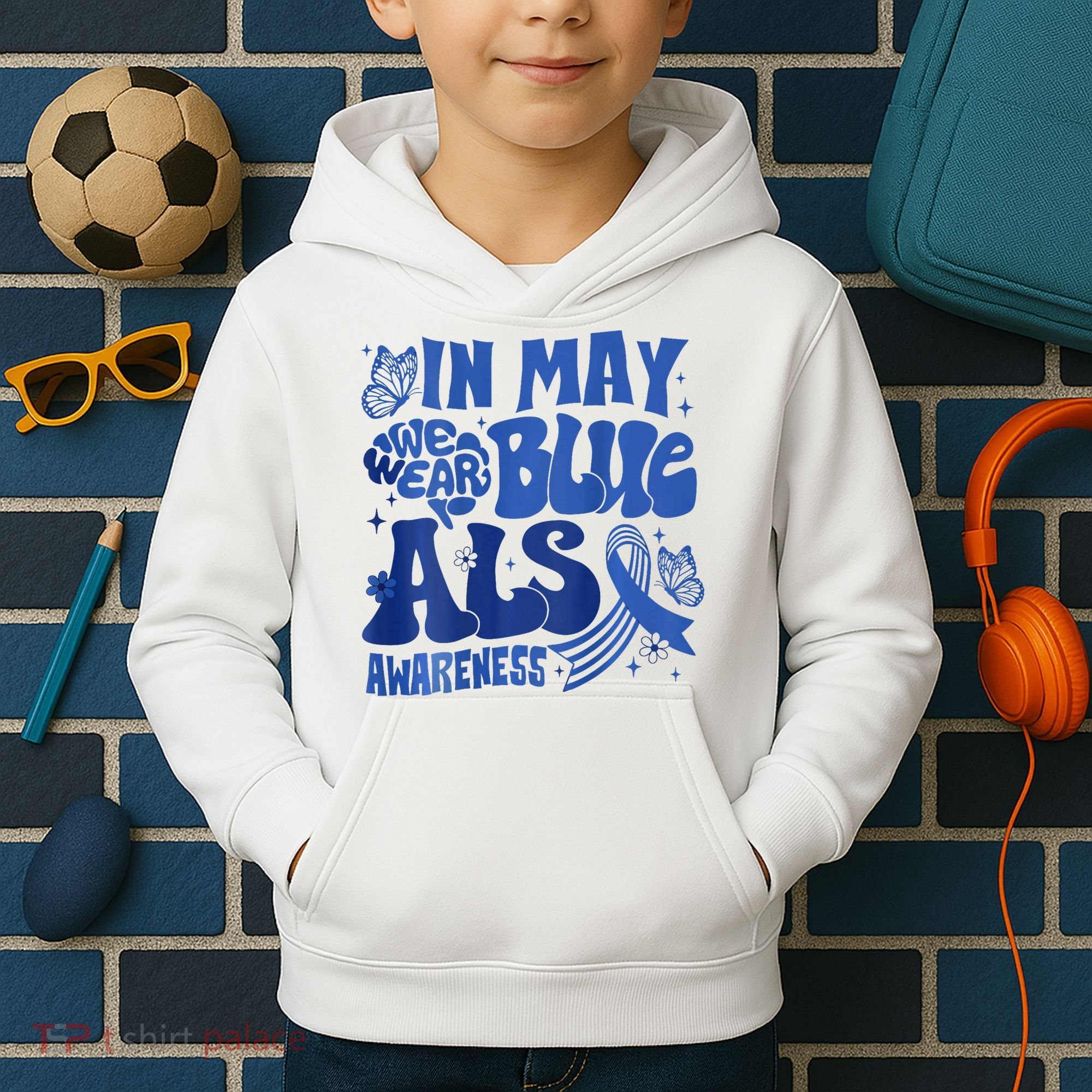 Rainbow In May We Wear Blue ALS Awareness Month  Kids Hoodie