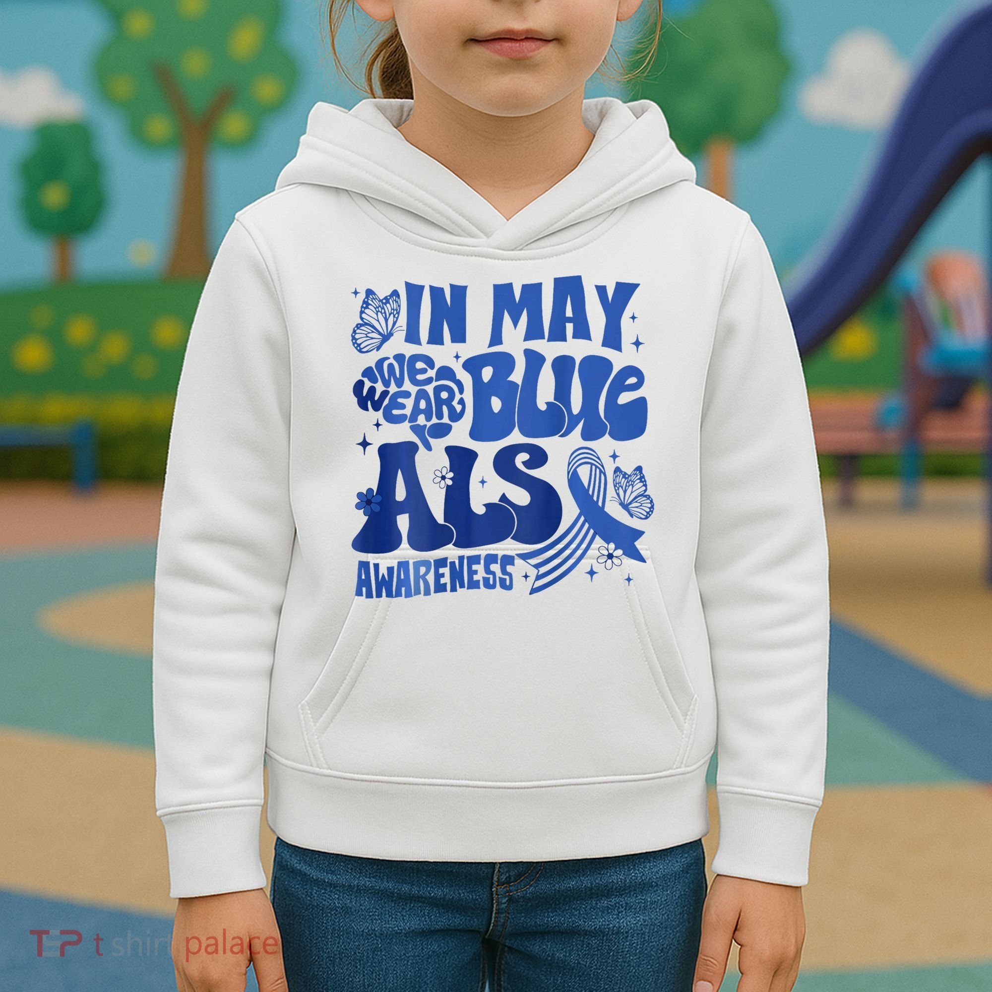 Rainbow In May We Wear Blue ALS Awareness Month  Kids Hoodie