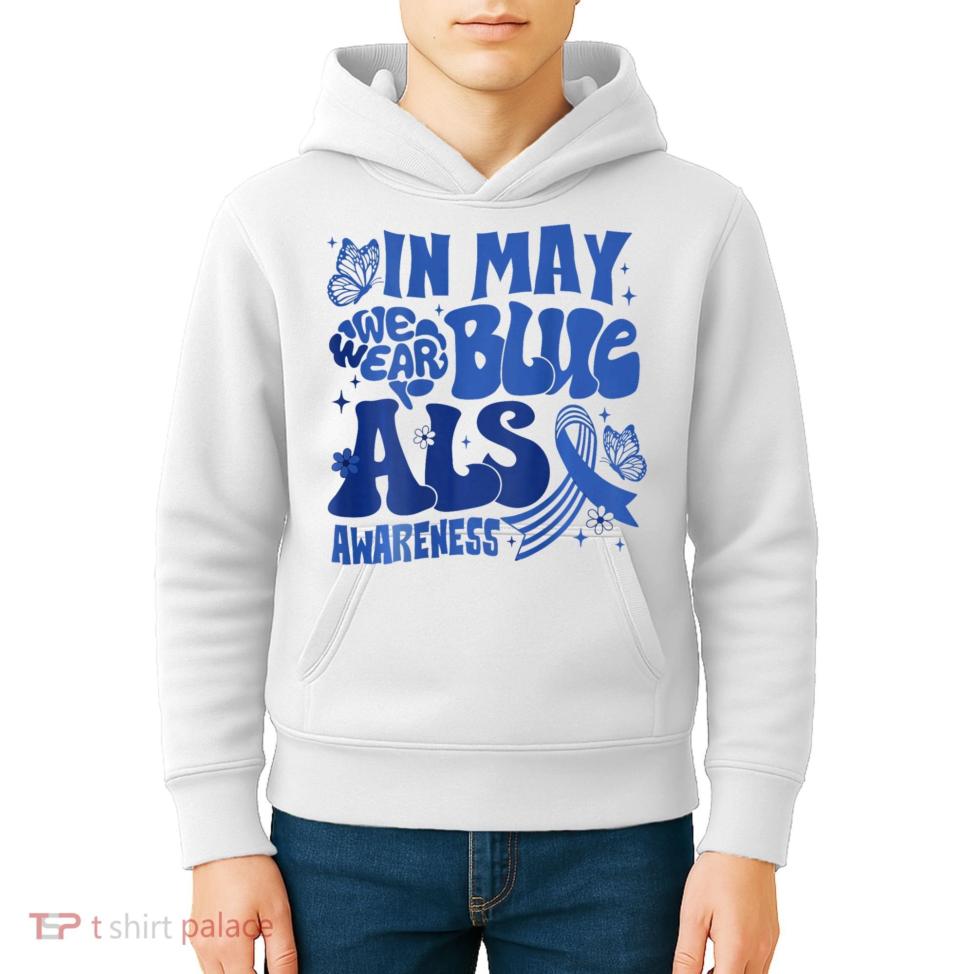 Rainbow In May We Wear Blue ALS Awareness Month  Kids Hoodie